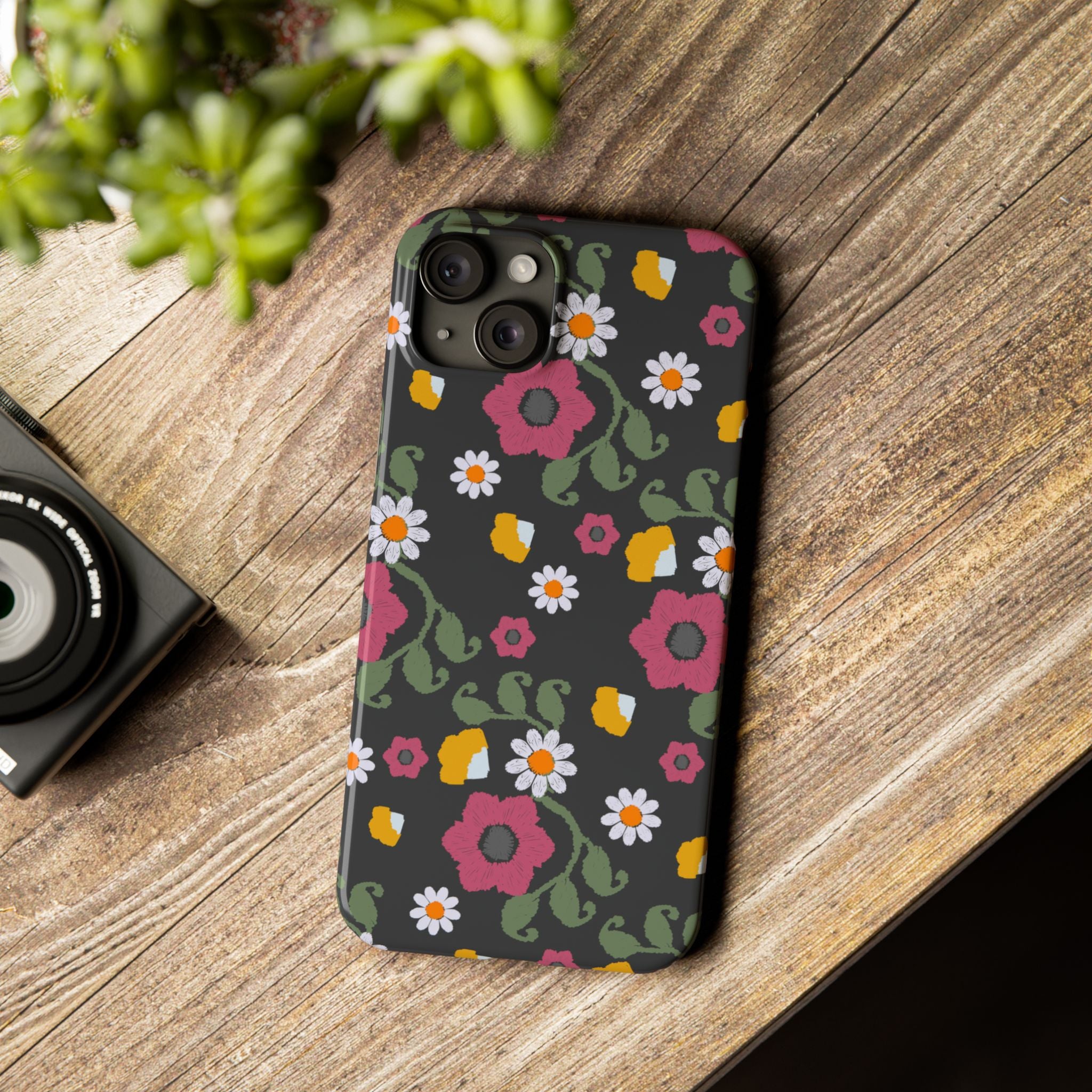 Floral Slim Phone Case, Black Flower Phone Cover, Stylish Phone Accessory, Gift for Her, Trendy Floral Case