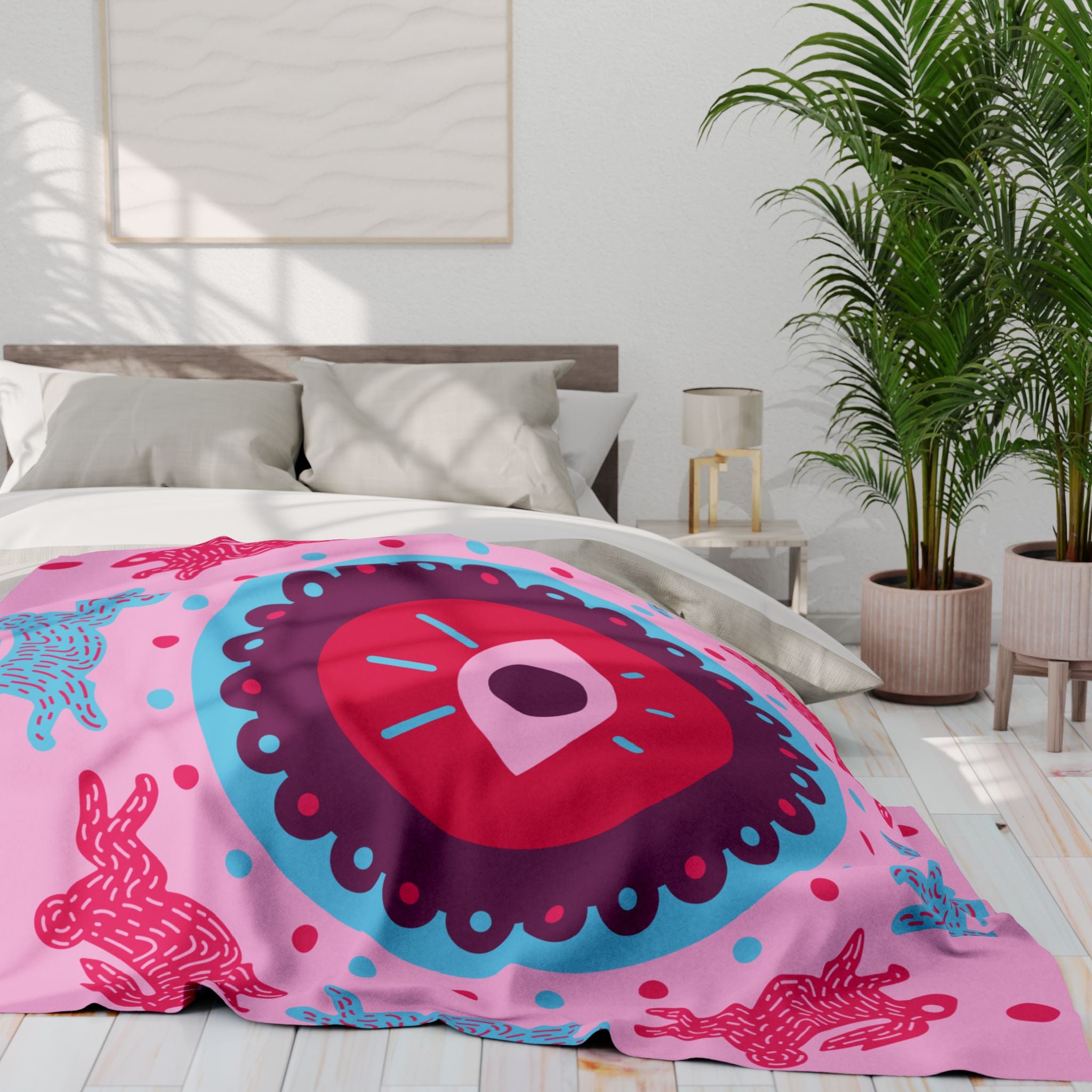 Pink Arctic Fleece Blanket — Mystical Eye & Polar Bear Pattern Cozy Throw