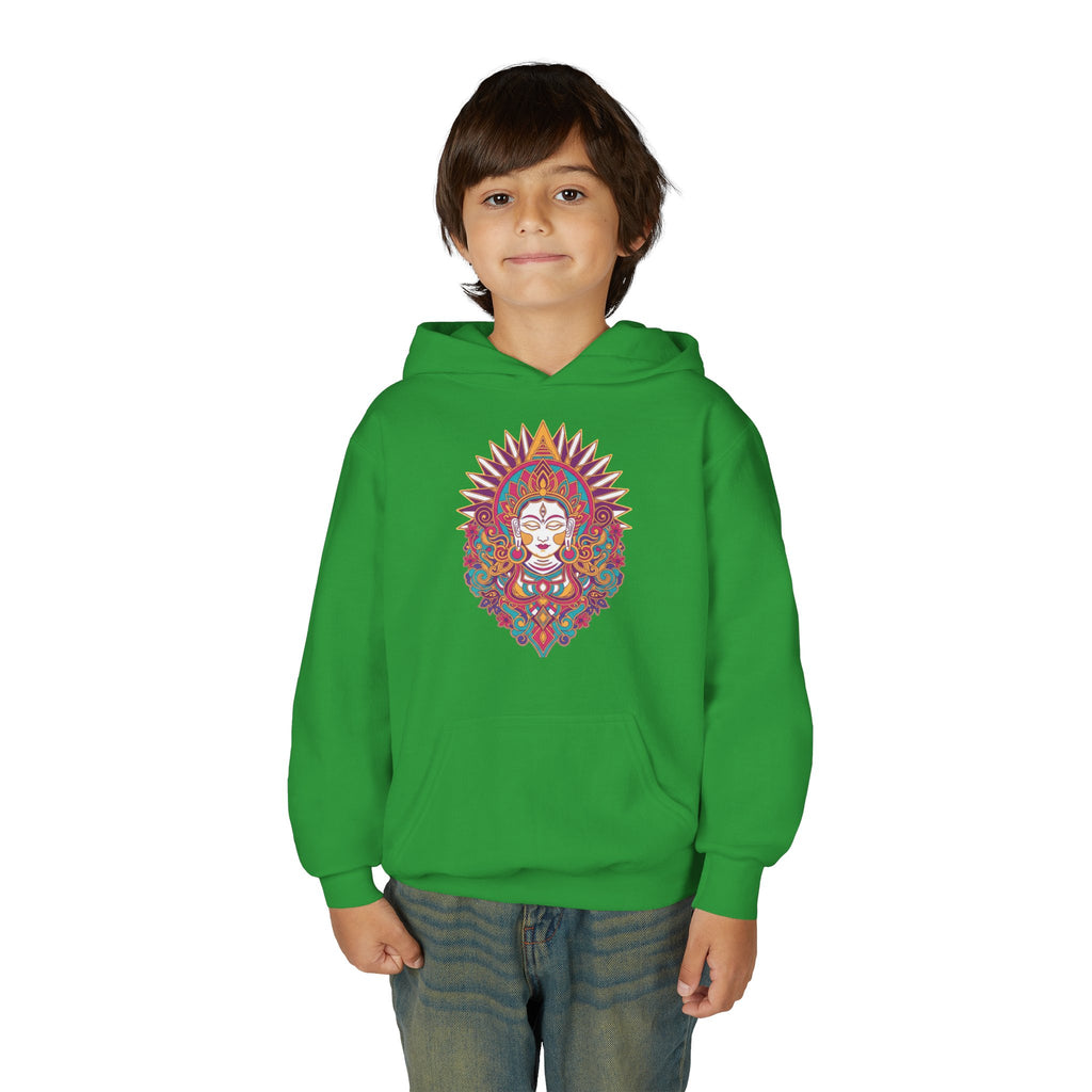 Youth Hoodie with Colorful Sugar Skull Goddess Design — Day of the Dead Kids Pullover