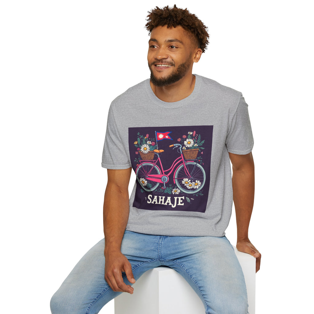 Bicycle Floral T-Shirt – Pink Bike with Baskets & "Sahaje" Text