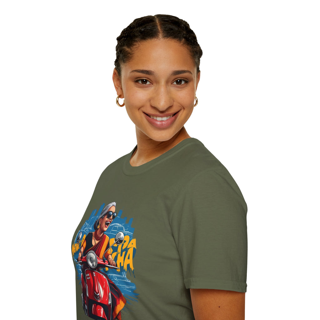 Newa Maicha Riding Scooter T-Shirt – Newari Woman in New York Graphic Tee, Cultural & Urban Design