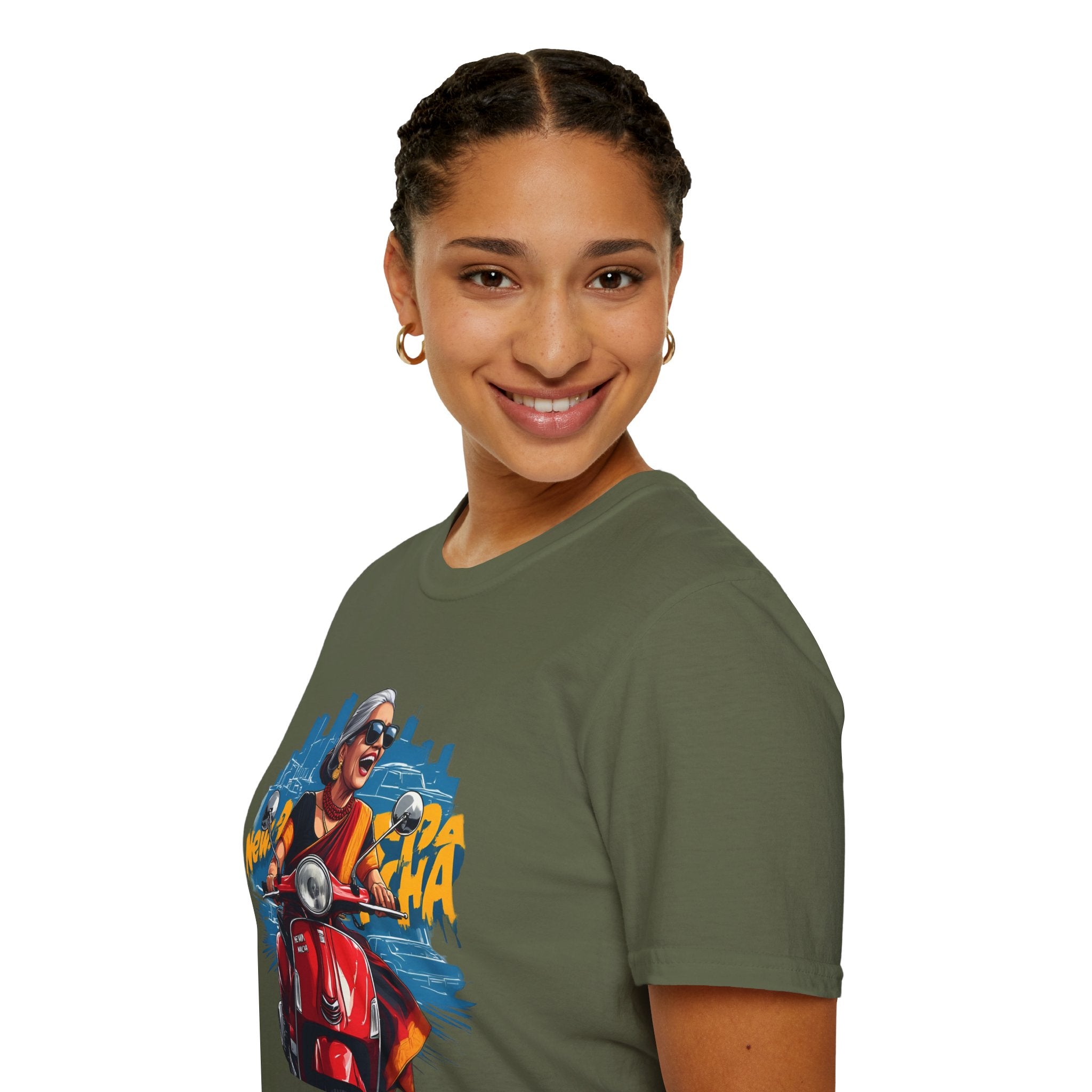 Newa Maicha Riding Scooter T-Shirt – Newari Woman in New York Graphic Tee, Cultural & Urban Design