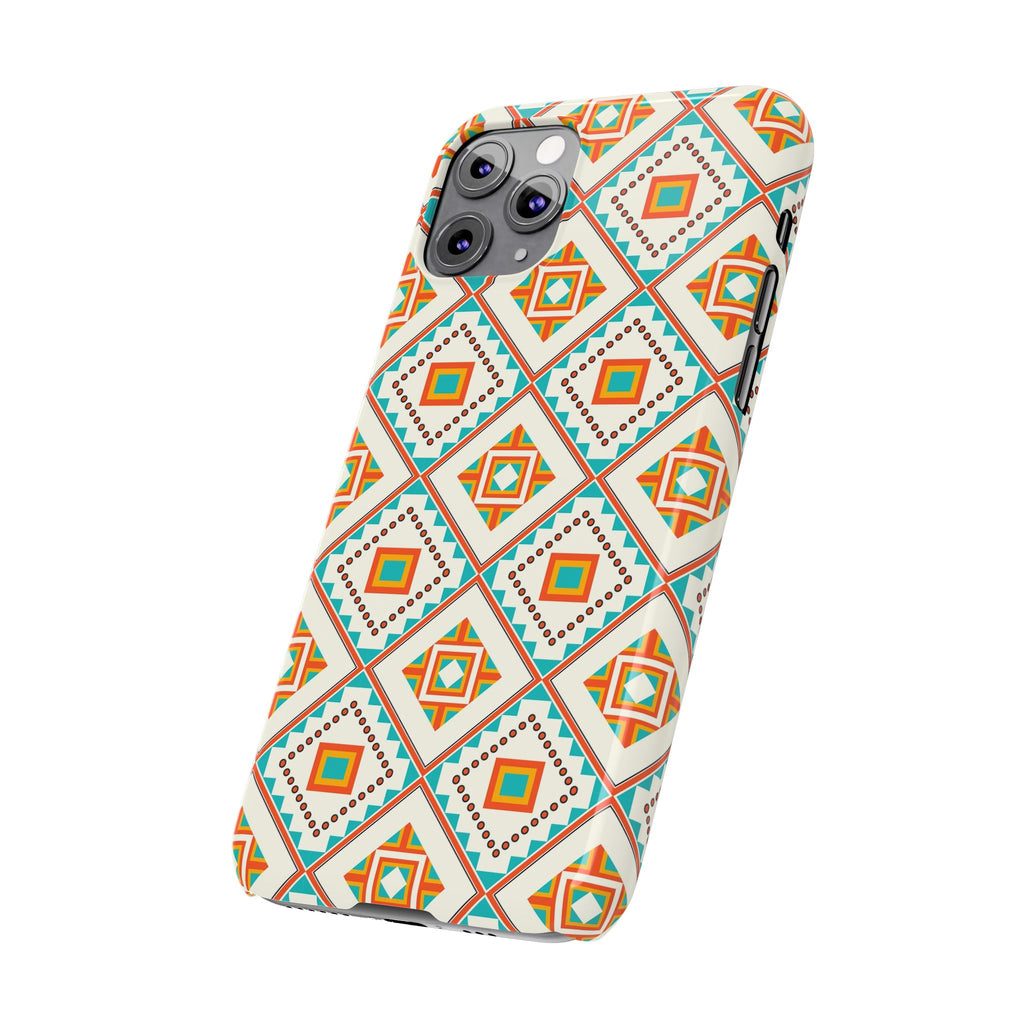 Slim Phone Case — Retro Geometric Tile Pattern (Turquoise & Orange)