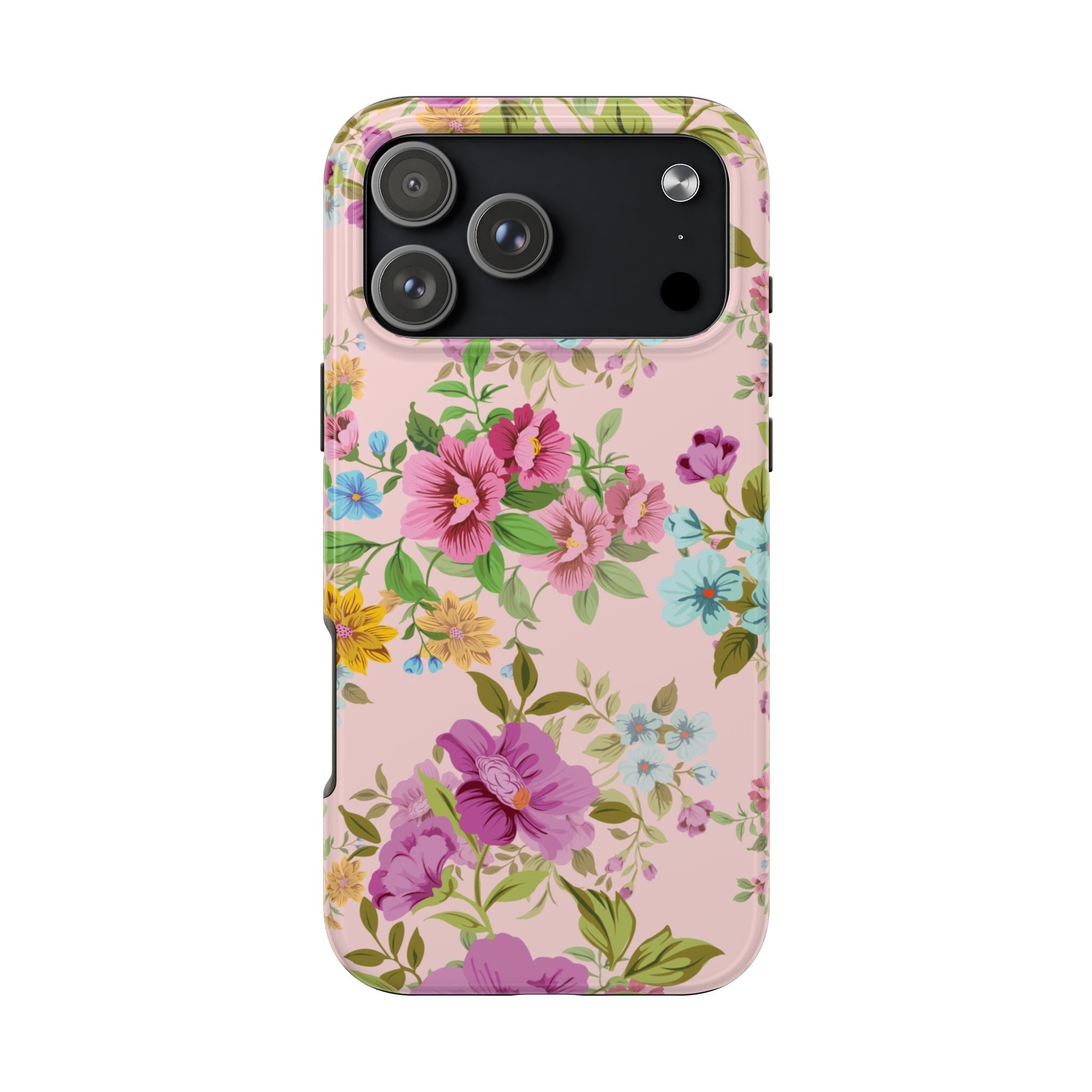 Floral Vintage Tough Phone Case — Pink Rose & Blue Blossom Protective Cover