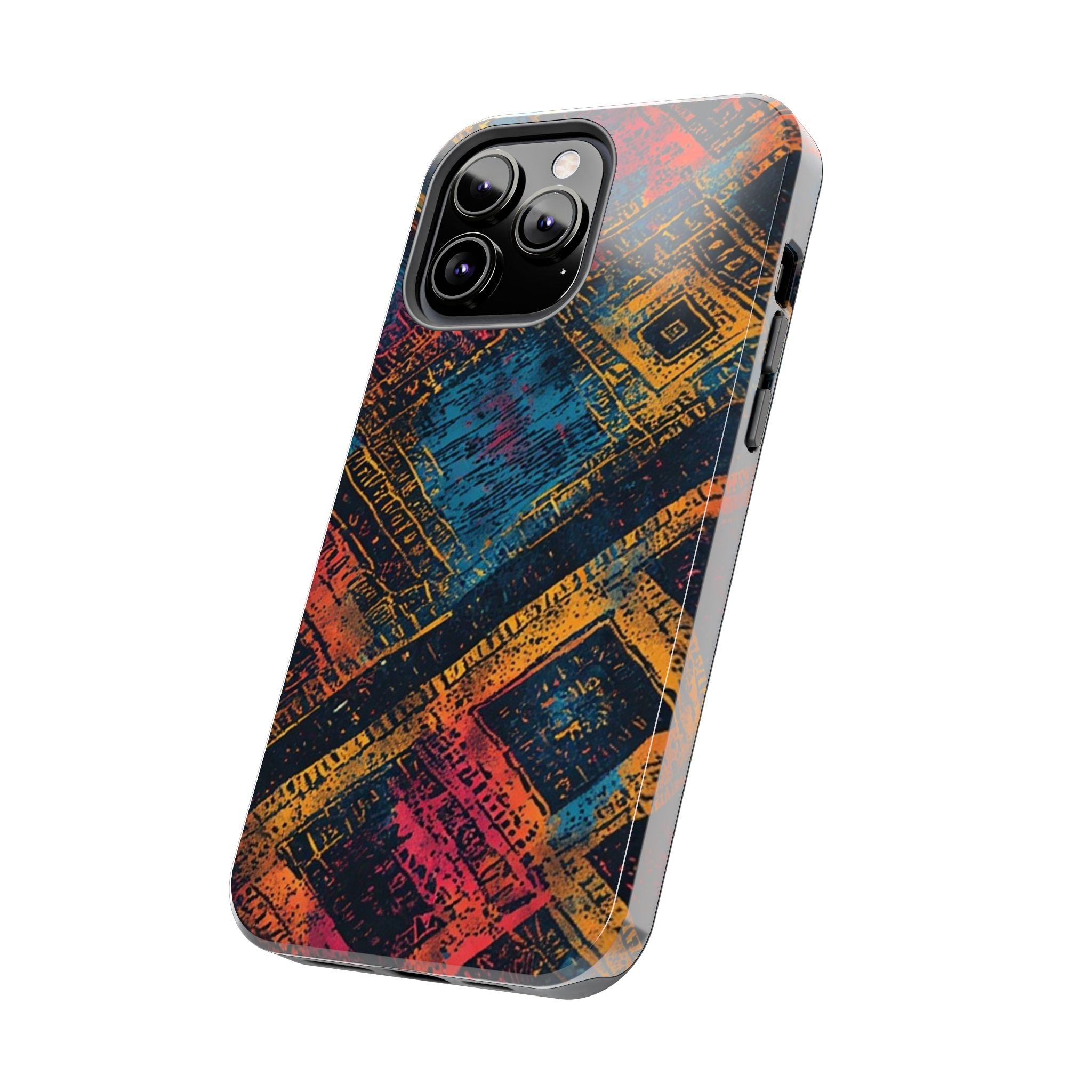 Tough Phone Case – Abstract Rustic Geometric Design (Blue, Orange, Magenta)
