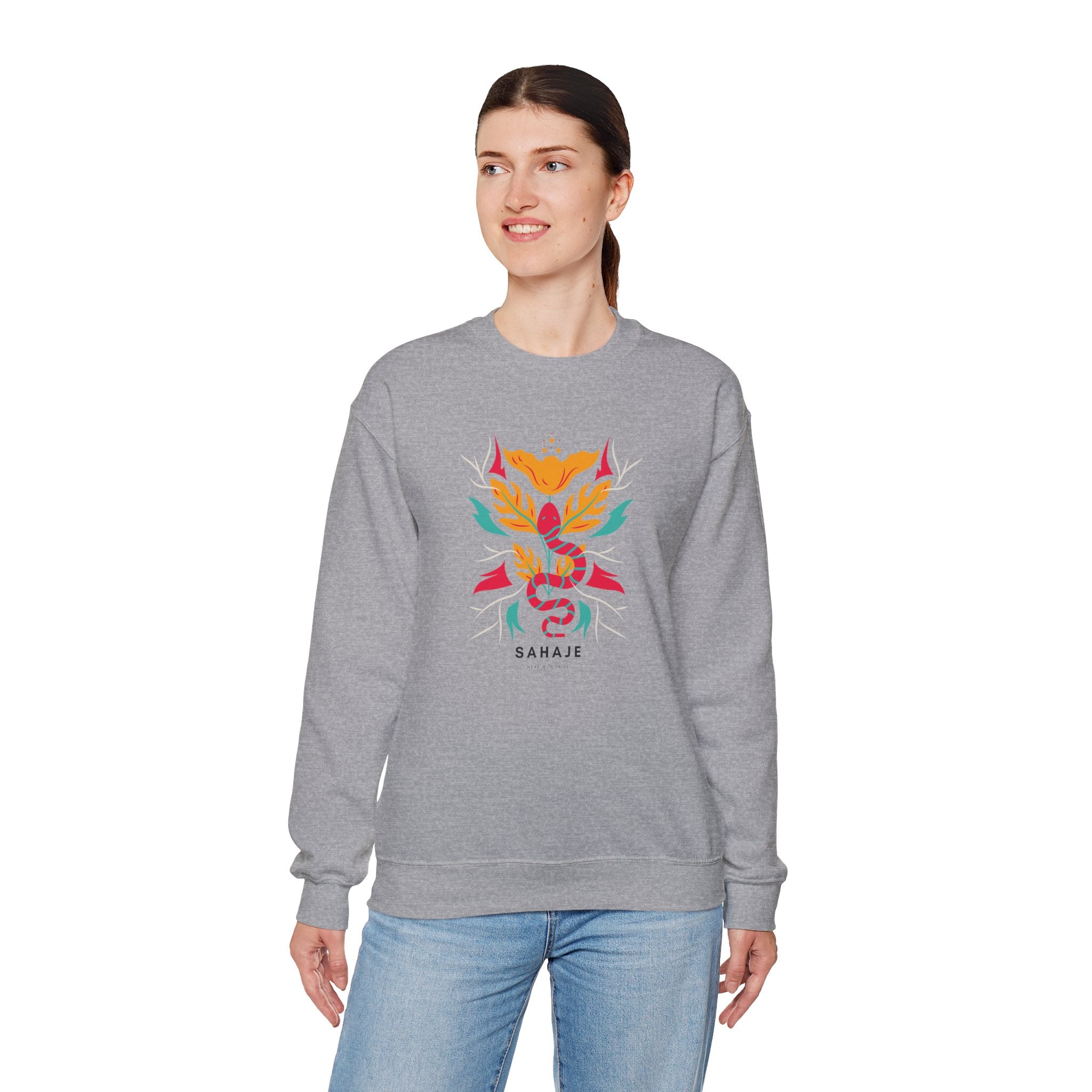 Sahajé Floral Snake Crewneck Sweatshirt — Colorful Botanical Serpent Graphic