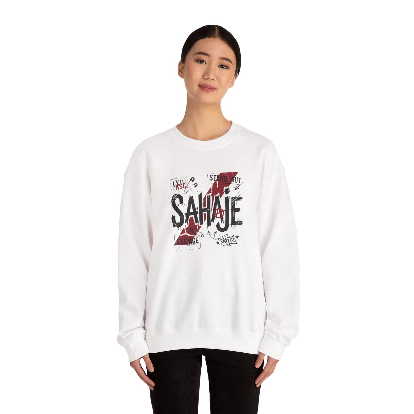 Crewneck Sweatshirt — 'Sahaje' Distressed Script Graphic