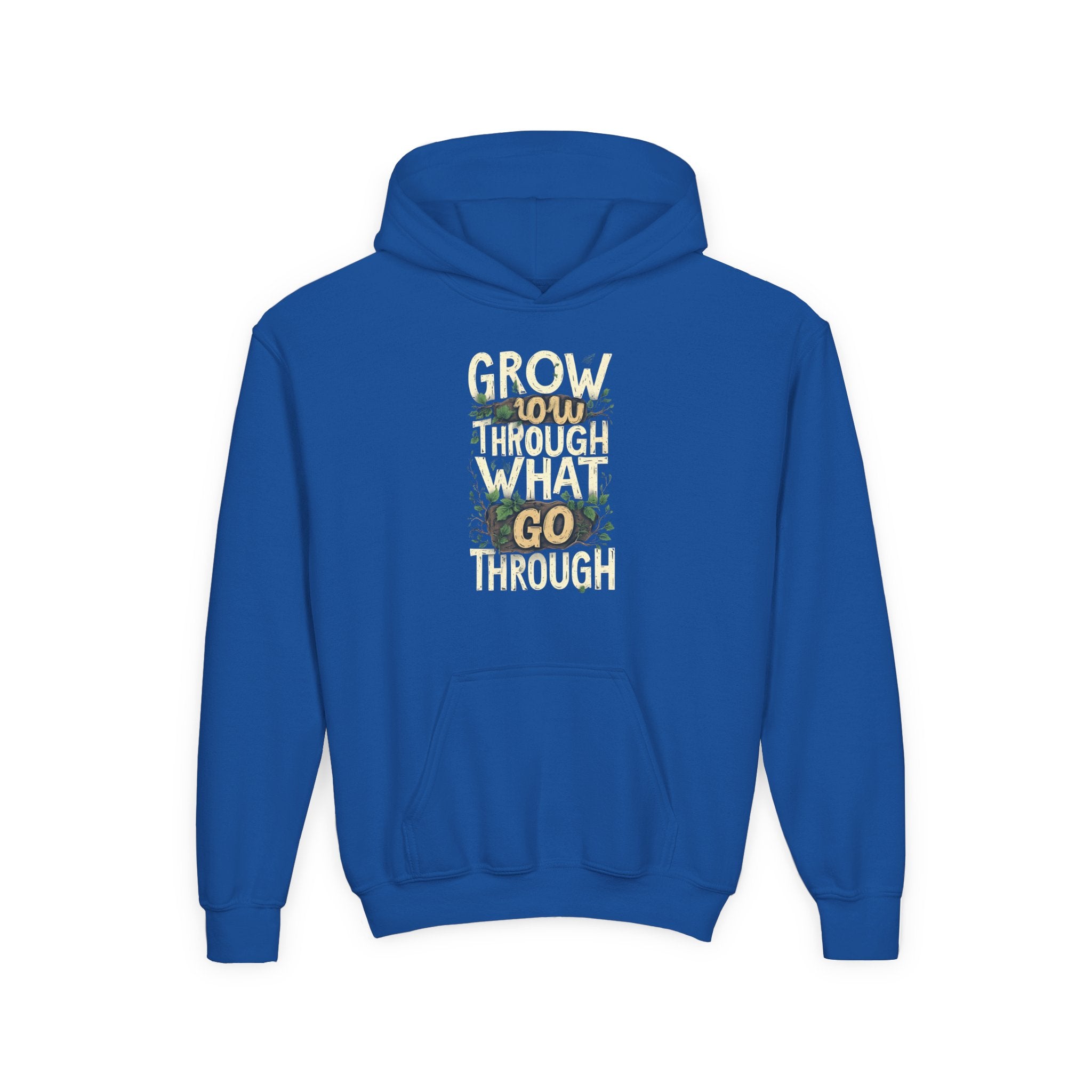 Youth Hoodie — 'Grow Slow, Go Through' Floral Motivational Hooded Sweatshirt