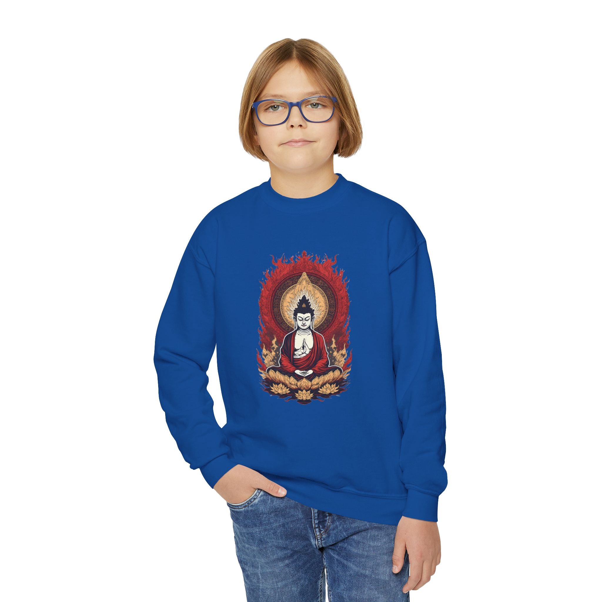 Buddha Flame Youth Crewneck Sweatshirt - Meditating Lotus Graphic