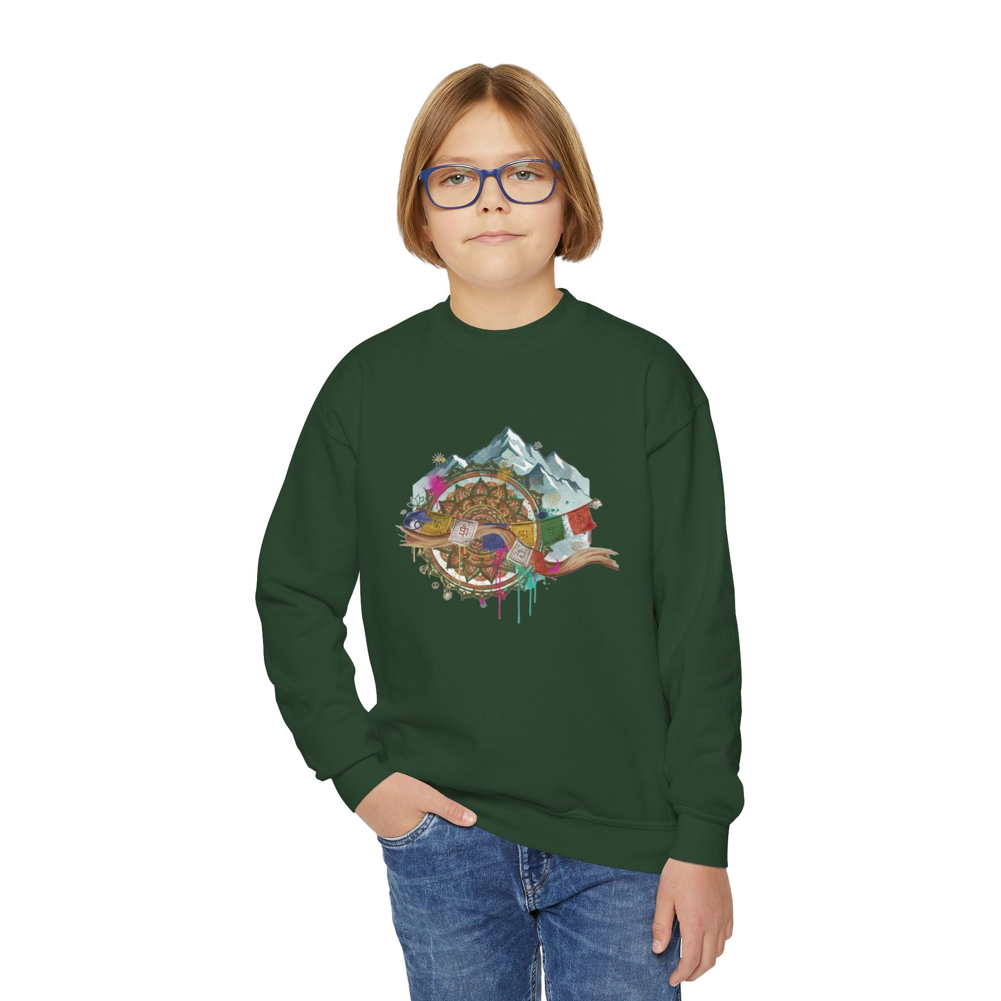 Youth Sweatshirt - Colorful Mountain Adventure Turtle Graphic Crewneck
