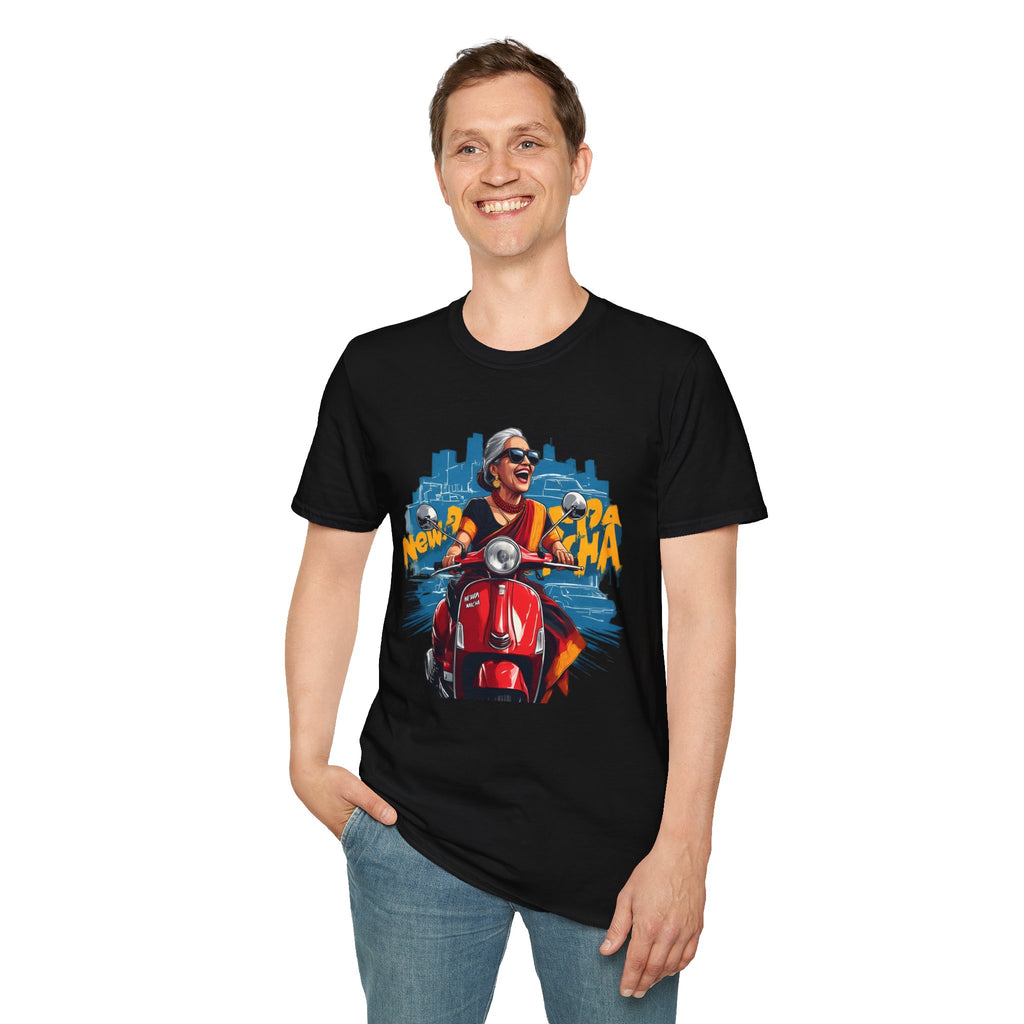 Newa Maicha Riding Scooter T-Shirt – Newari Woman in New York Graphic Tee, Cultural & Urban Design
