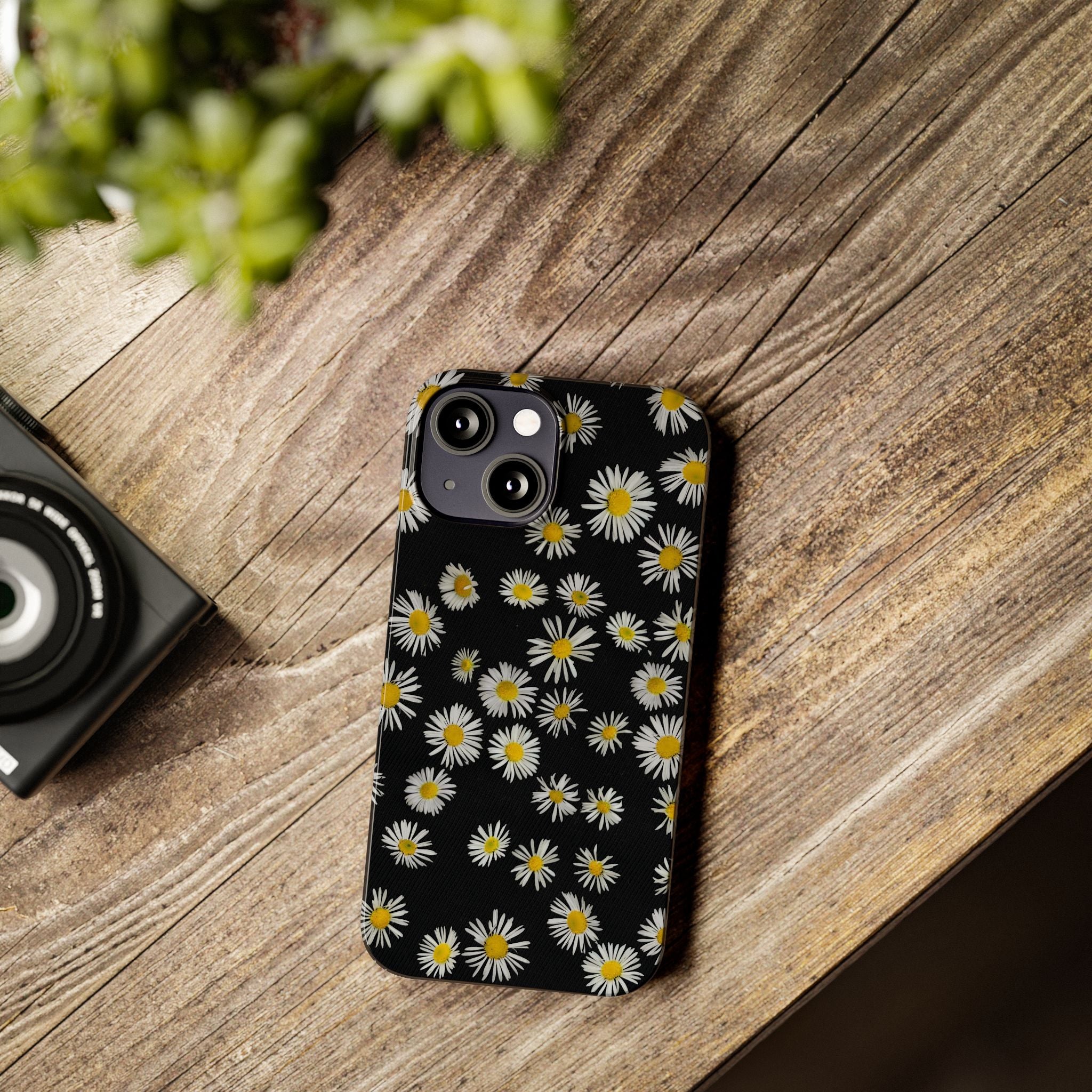 Daisy Pattern Slim Phone Case — Black Background Floral iPhone Case