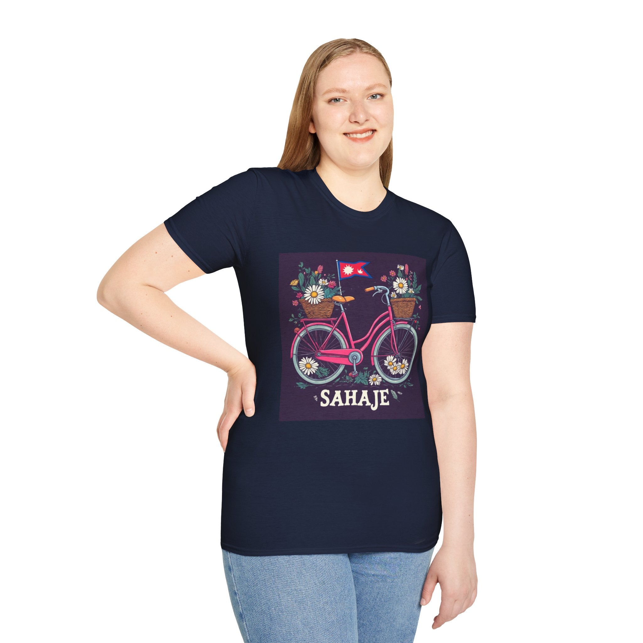 Bicycle Floral T-Shirt – Pink Bike with Baskets & "Sahaje" Text