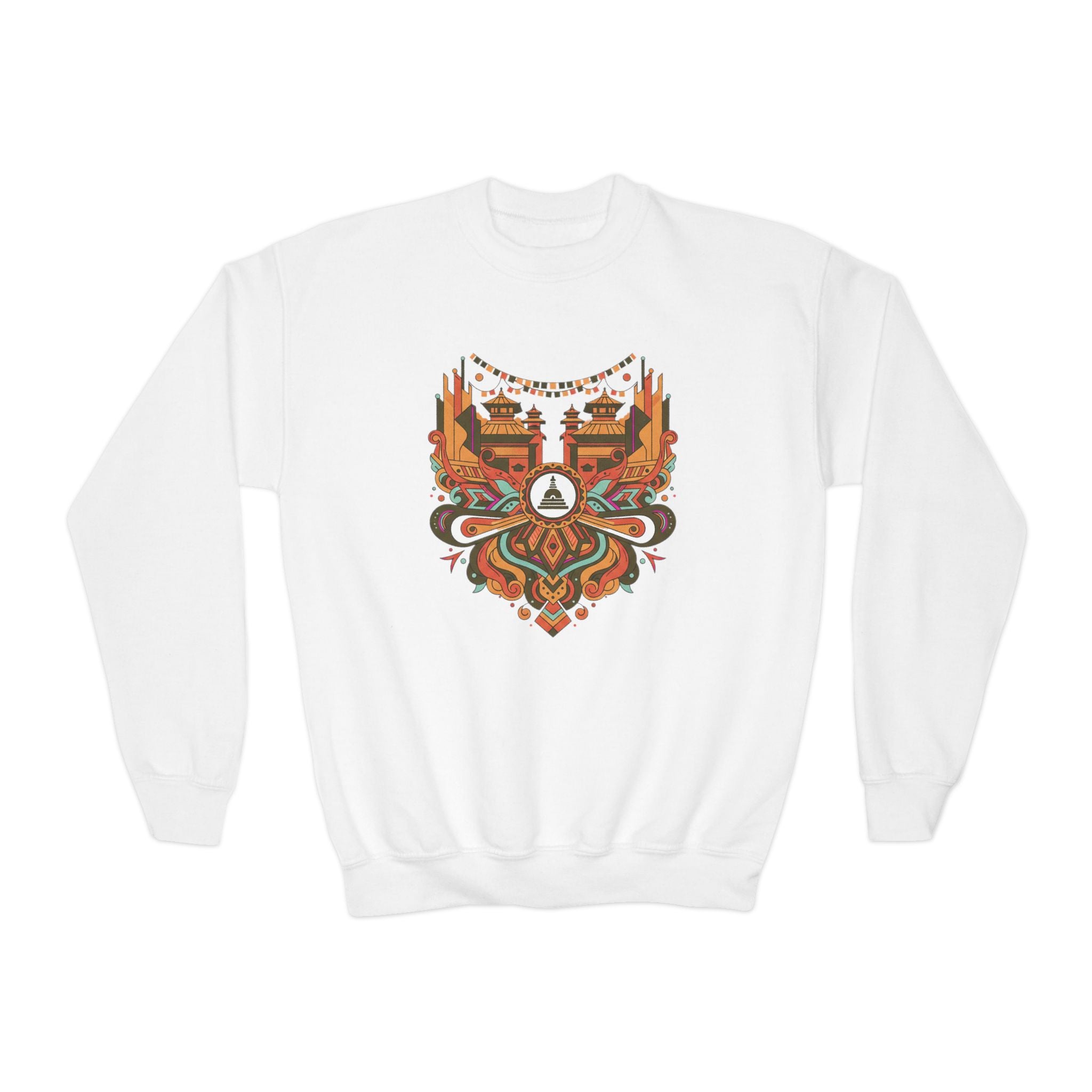 Youth Crewneck Sweatshirt — Retro Boho Fox Mask Graphic (Autumn Colors)