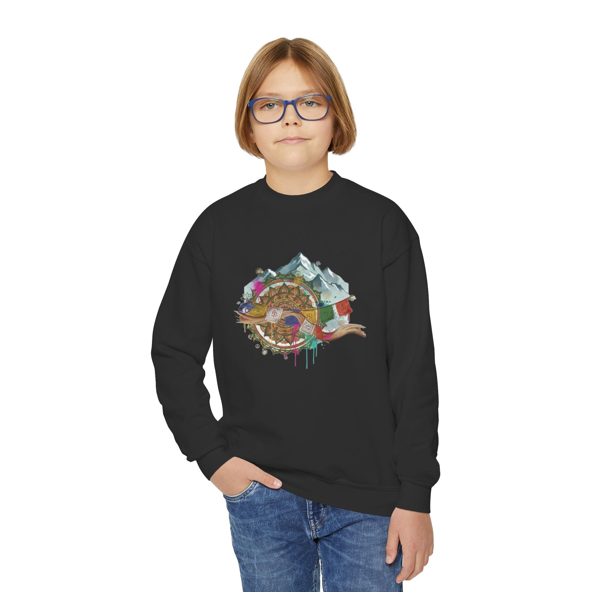 Youth Sweatshirt - Colorful Mountain Adventure Turtle Graphic Crewneck