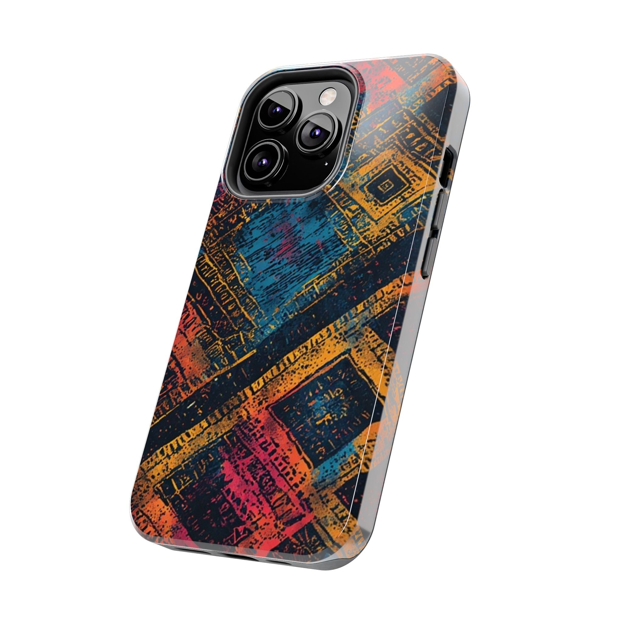 Tough Phone Case – Abstract Rustic Geometric Design (Blue, Orange, Magenta)
