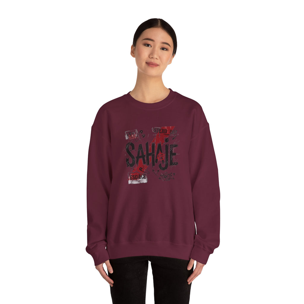 Crewneck Sweatshirt — 'Sahaje' Distressed Script Graphic