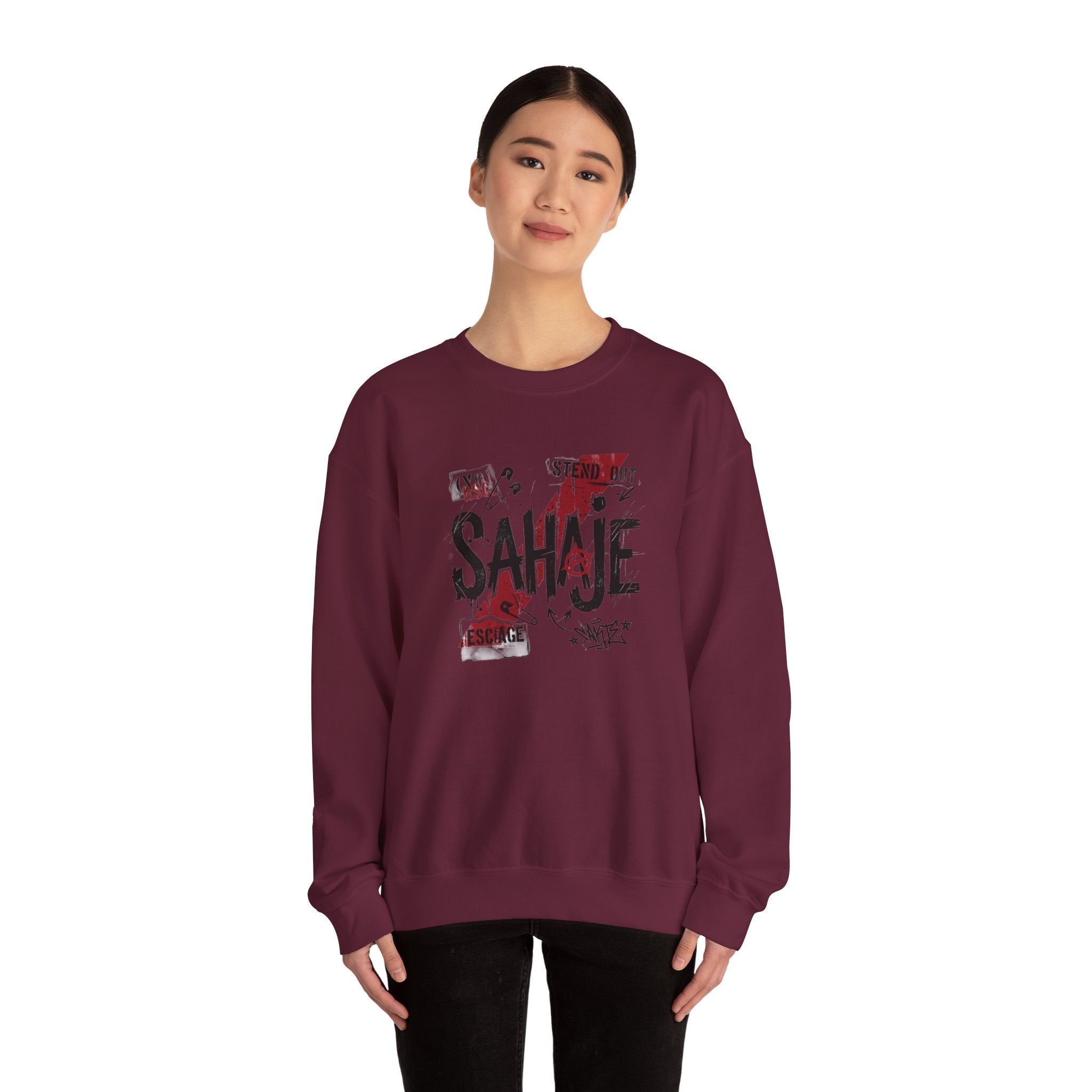 Crewneck Sweatshirt — 'Sahaje' Distressed Script Graphic