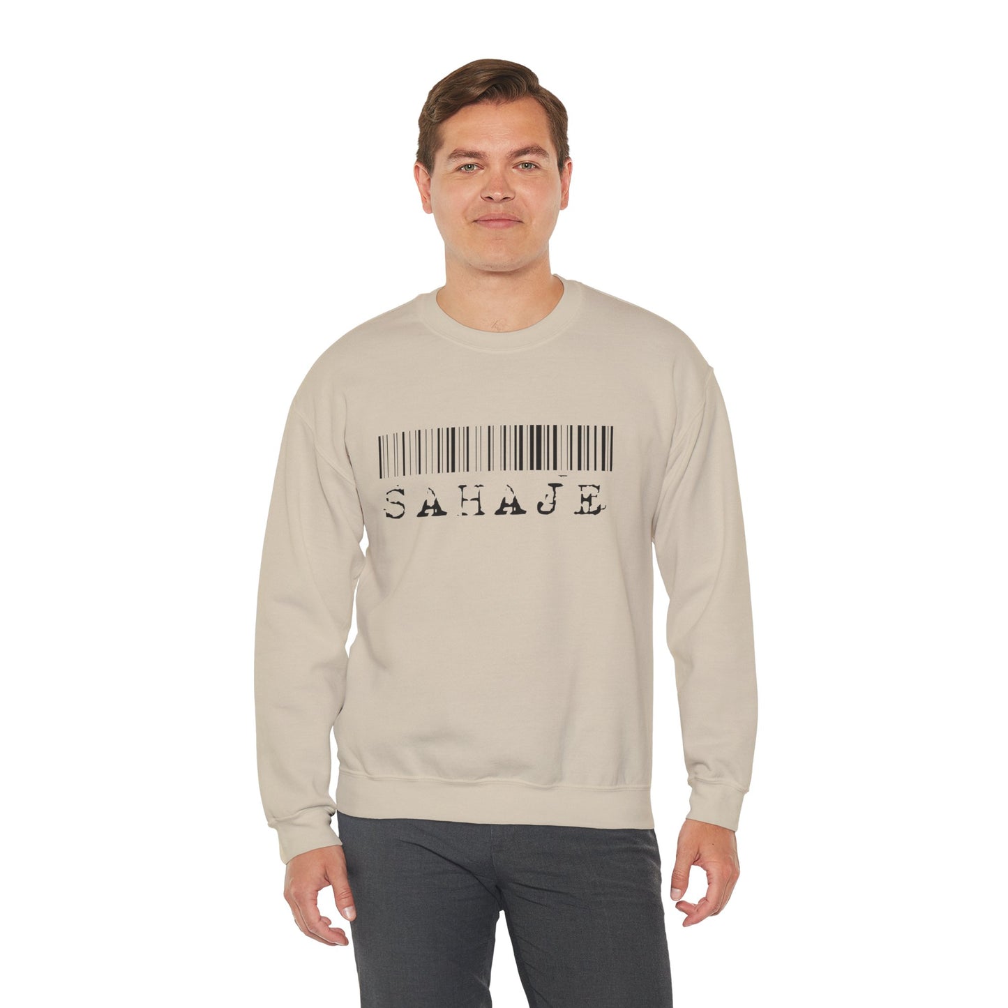Sahaje Barcode Crewneck Sweatshirt — Minimalist White Graphic Pullover