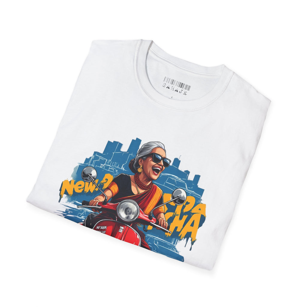 Newa Maicha Riding Scooter T-Shirt – Newari Woman in New York Graphic Tee, Cultural & Urban Design