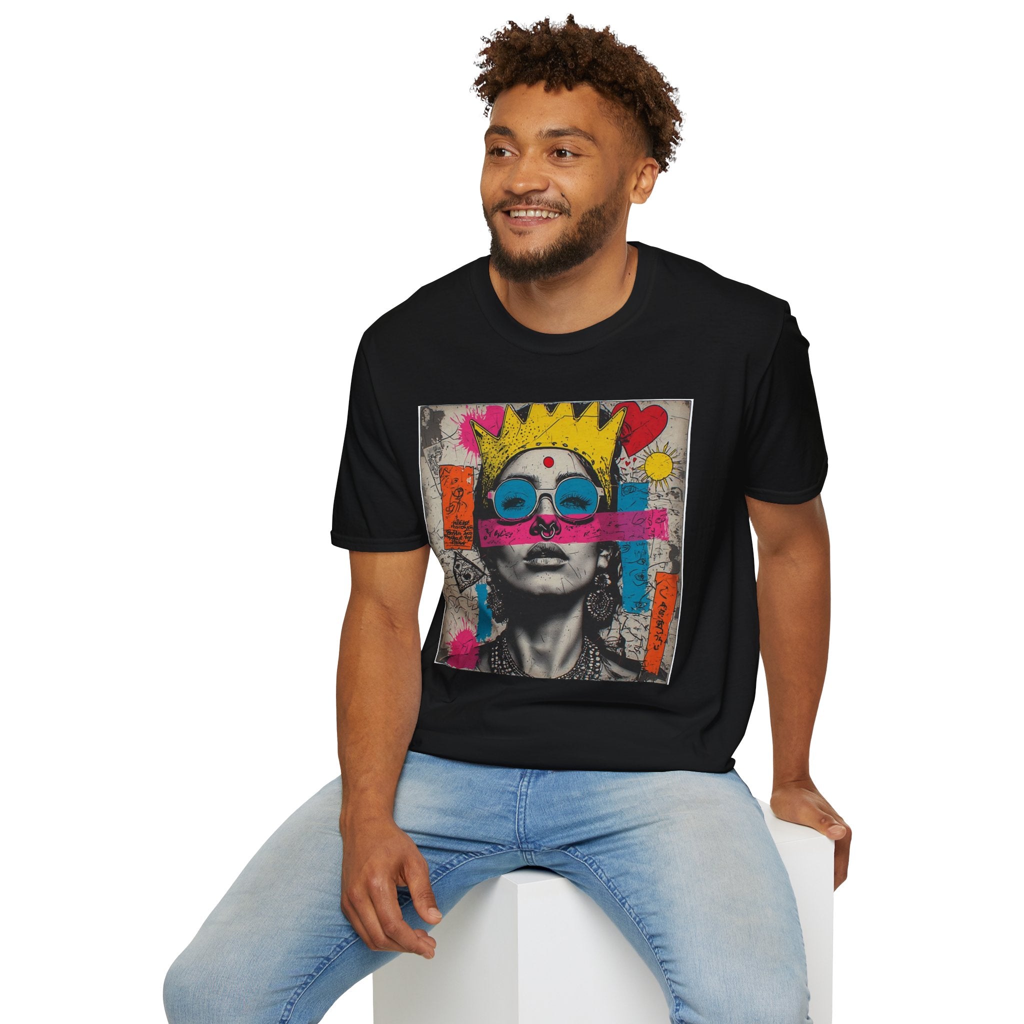 Abstract Pop Art Portrait T-Shirt — Neon Crown & Sunglasses Graphic