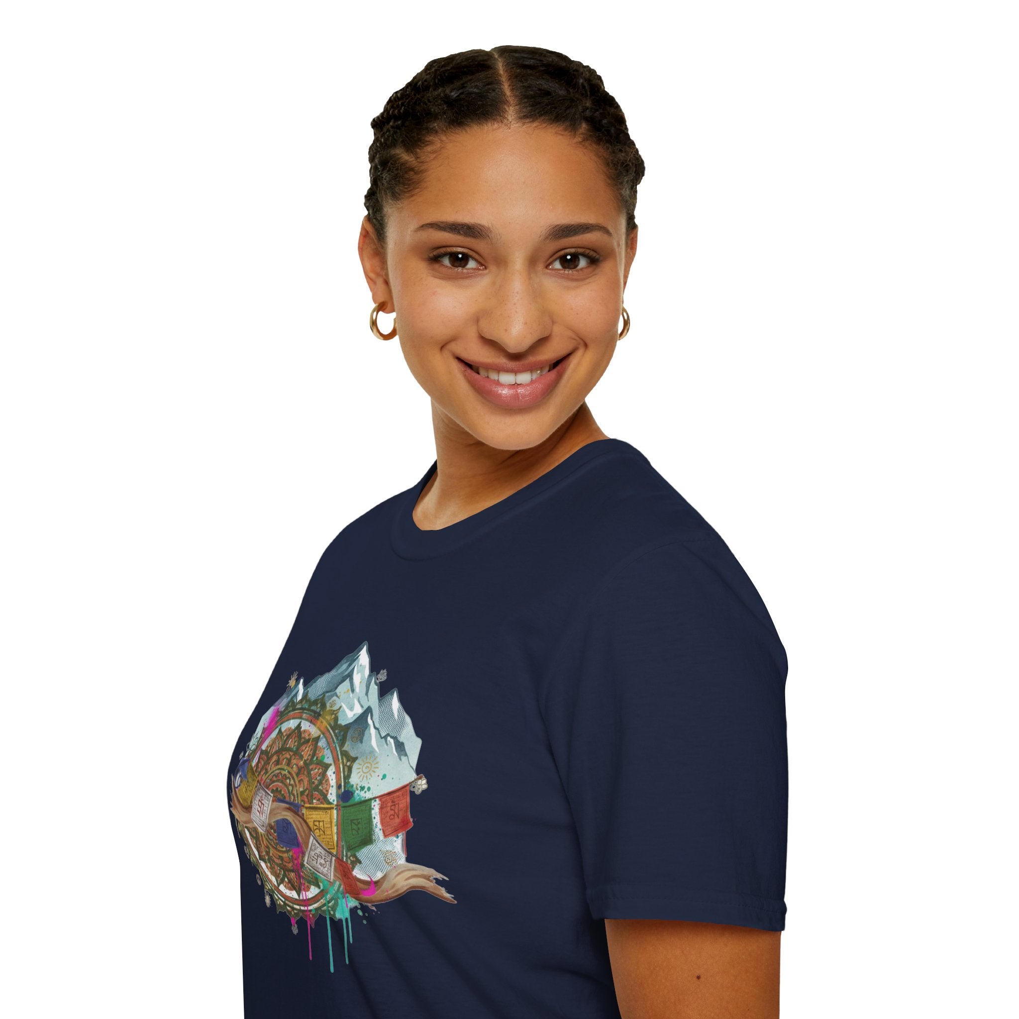 Adventure Compass T-Shirt — Mountain Compass with Prayer Flags & Colorful Globe