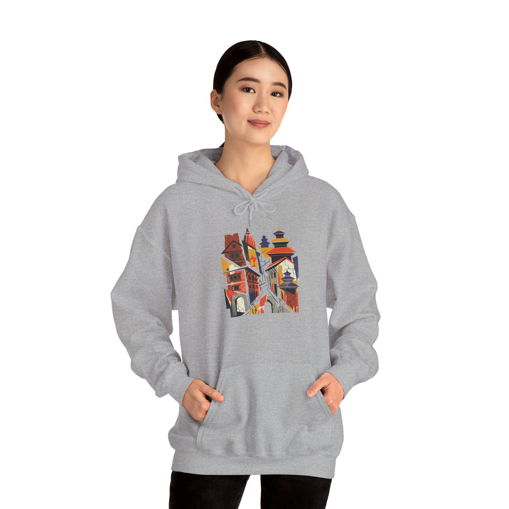 Cityscape Collage Hoodie — Colorful Urban Architecture Graphic Hoodie