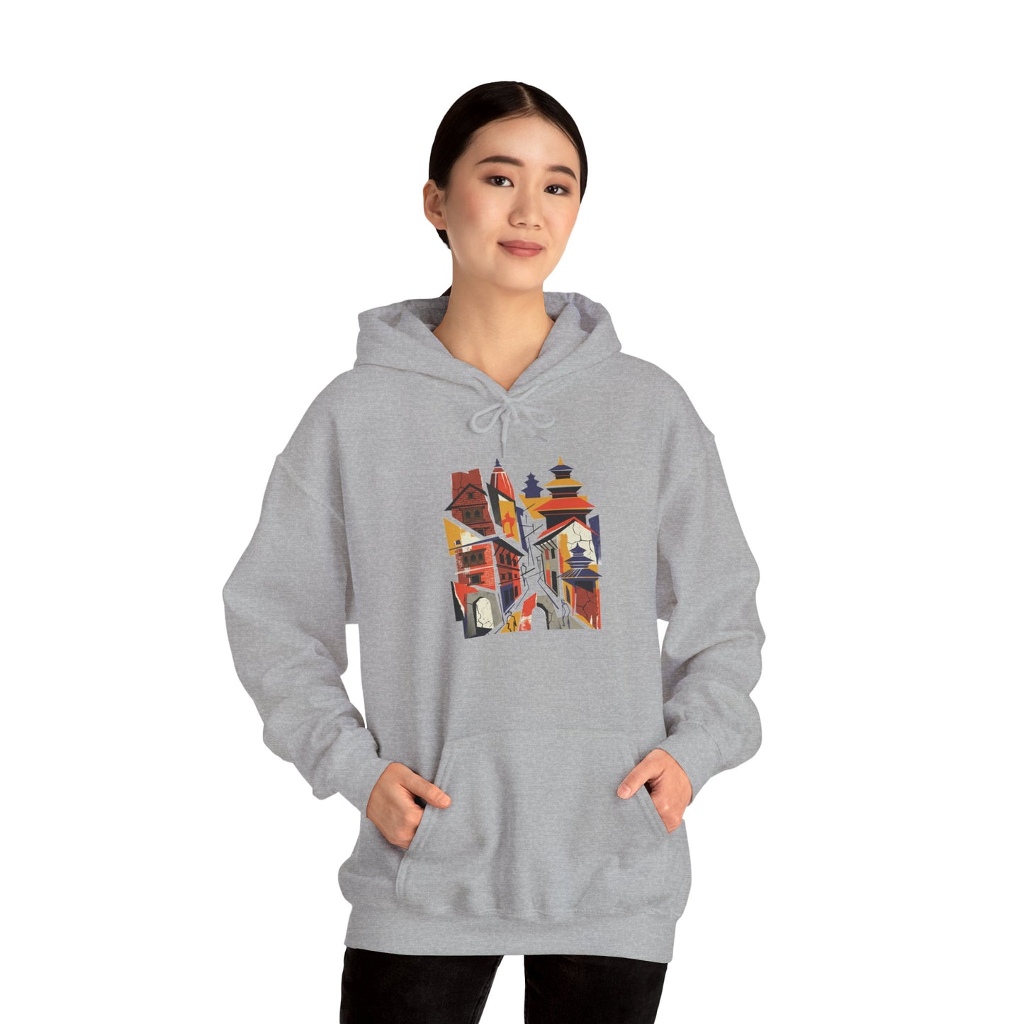 Cityscape Collage Hoodie — Colorful Urban Architecture Graphic Hoodie