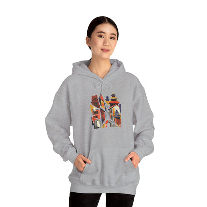 Cityscape Collage Hoodie — Colorful Urban Architecture Graphic Hoodie
