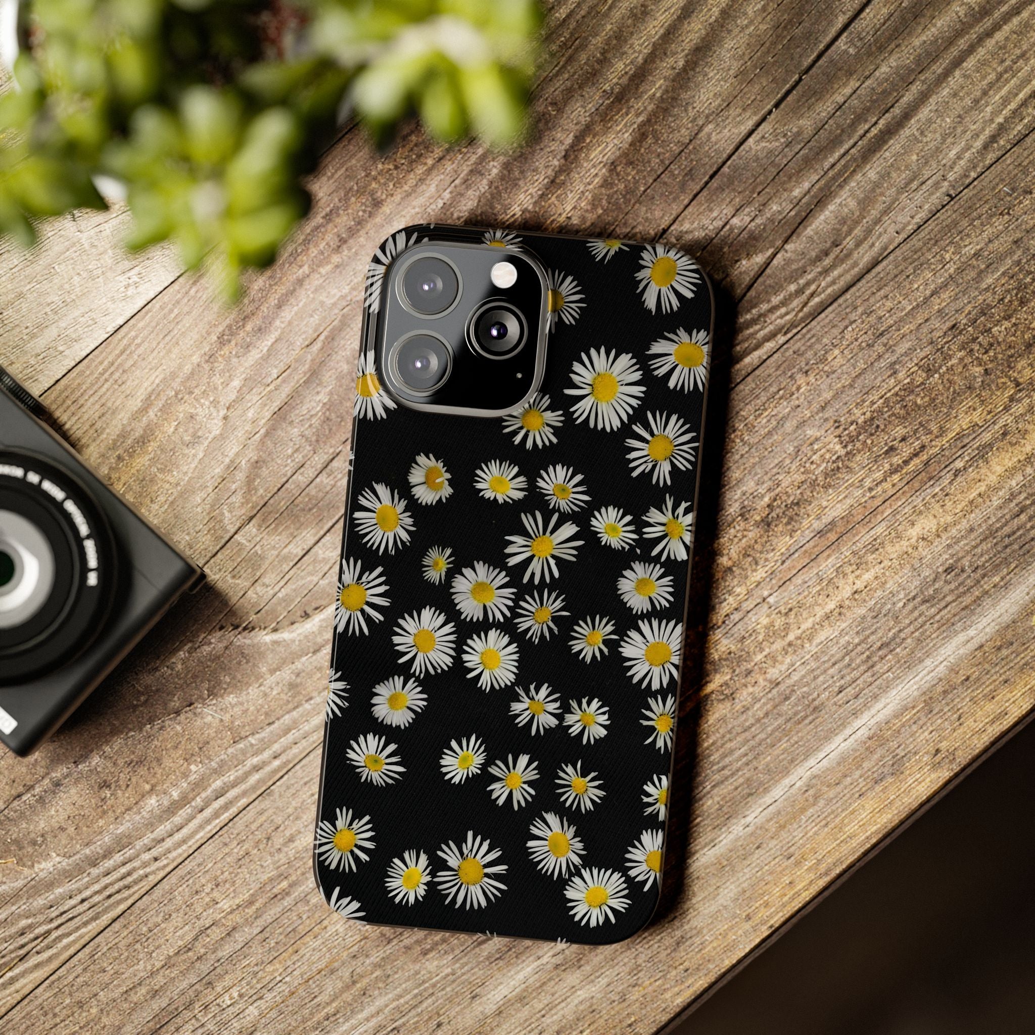 Daisy Pattern Slim Phone Case — Black Background Floral iPhone Case