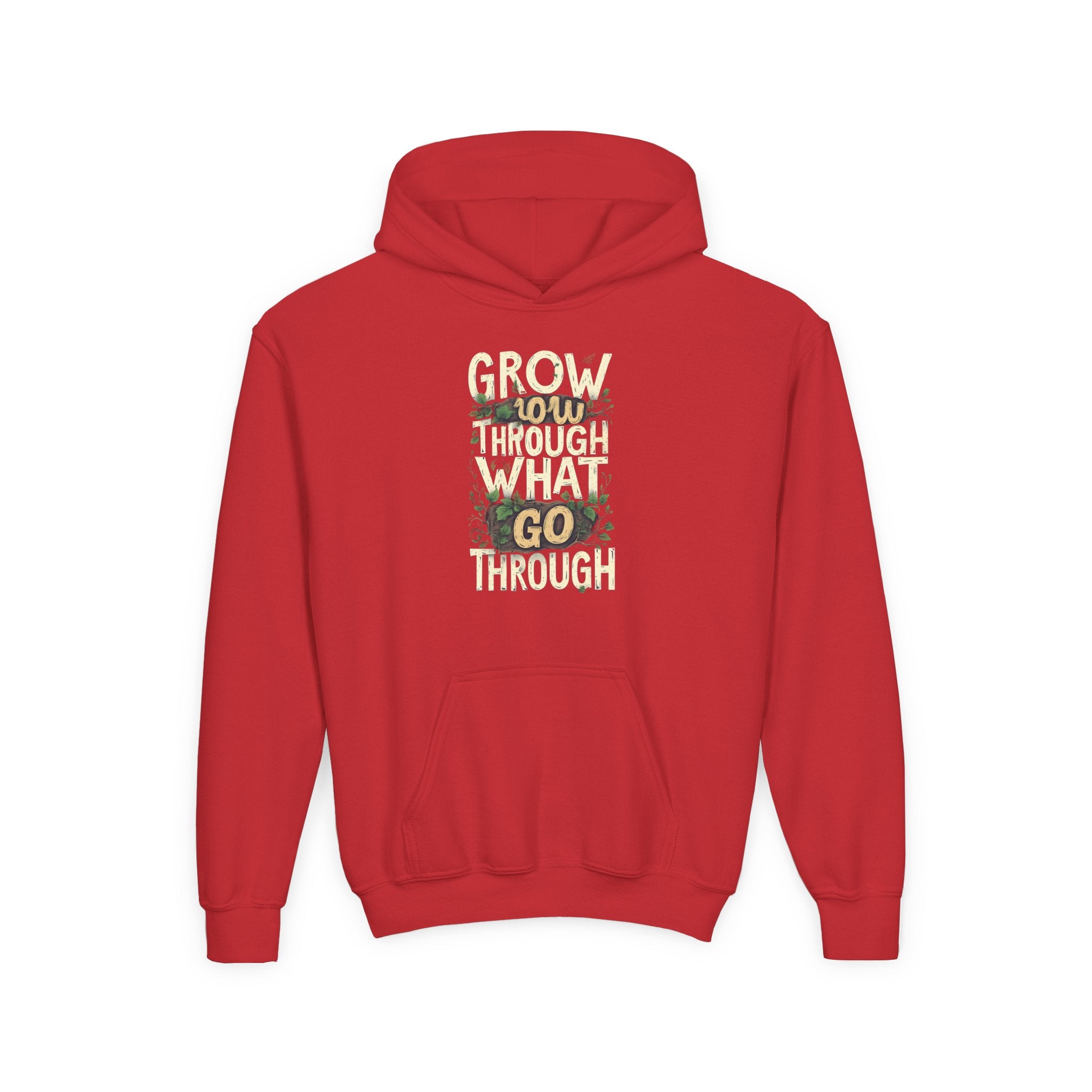 Youth Hoodie — 'Grow Slow, Go Through' Floral Motivational Hooded Sweatshirt