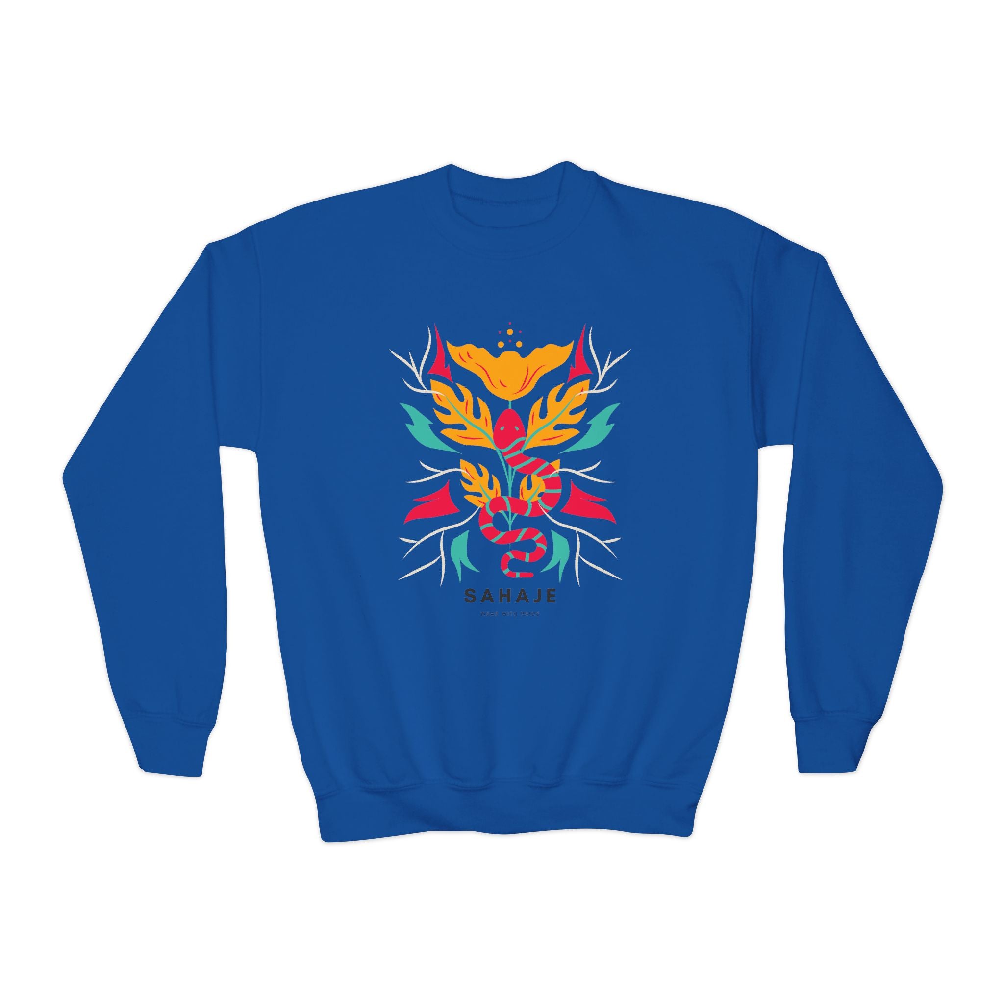 Youth Crewneck Sweatshirt — Vibrant Floral Snake Graphic “SAHAJE”