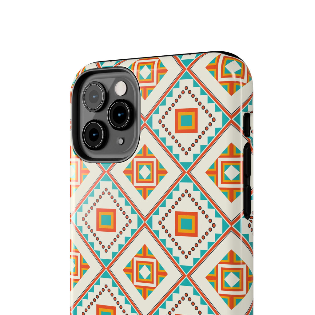 Tough Phone Case — Geometric Retro Tile Pattern, Orange & Teal Protective Cover