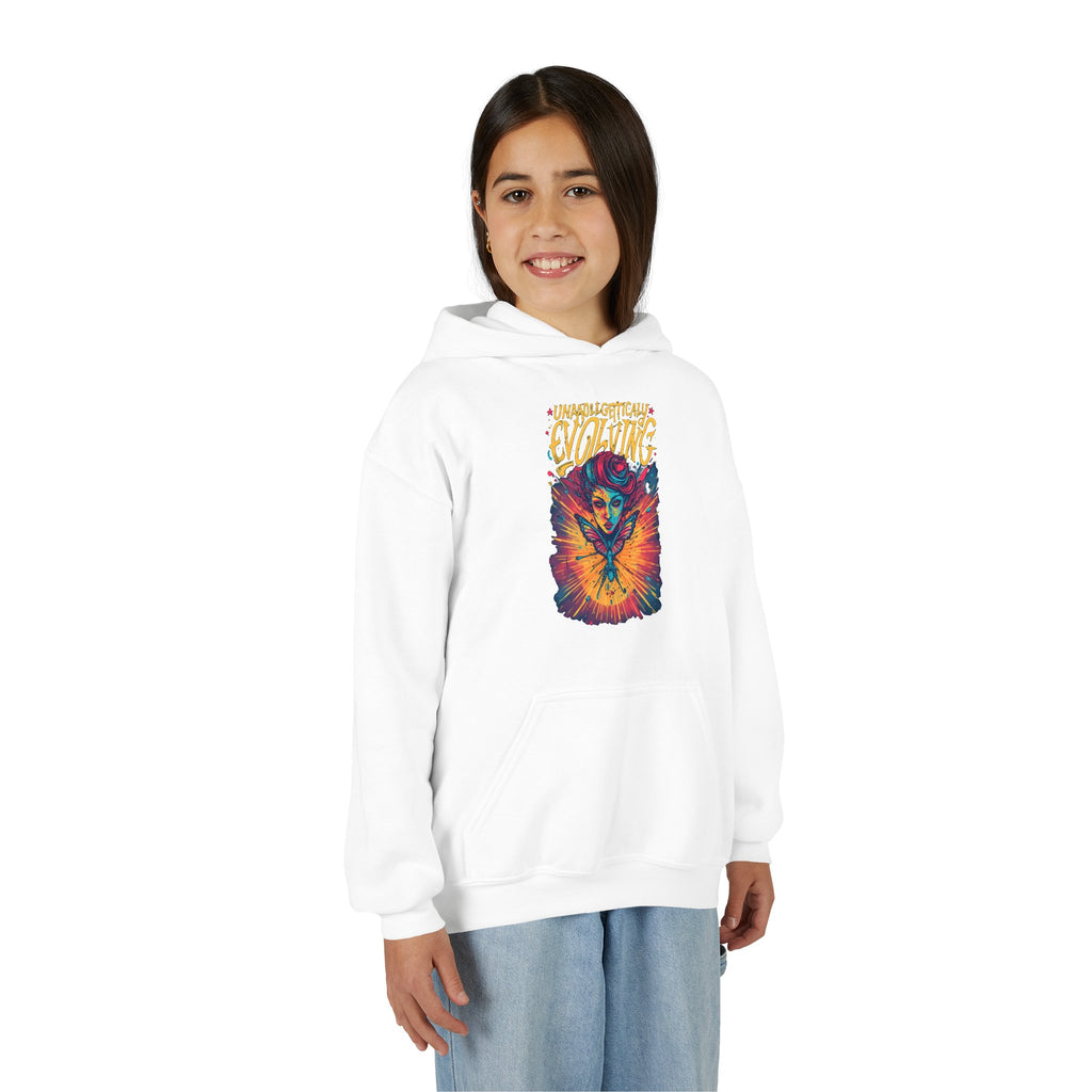Youth Hoodie — Vibrant 'Evolving' Butterfly Girl Graphic Sweatshirt
