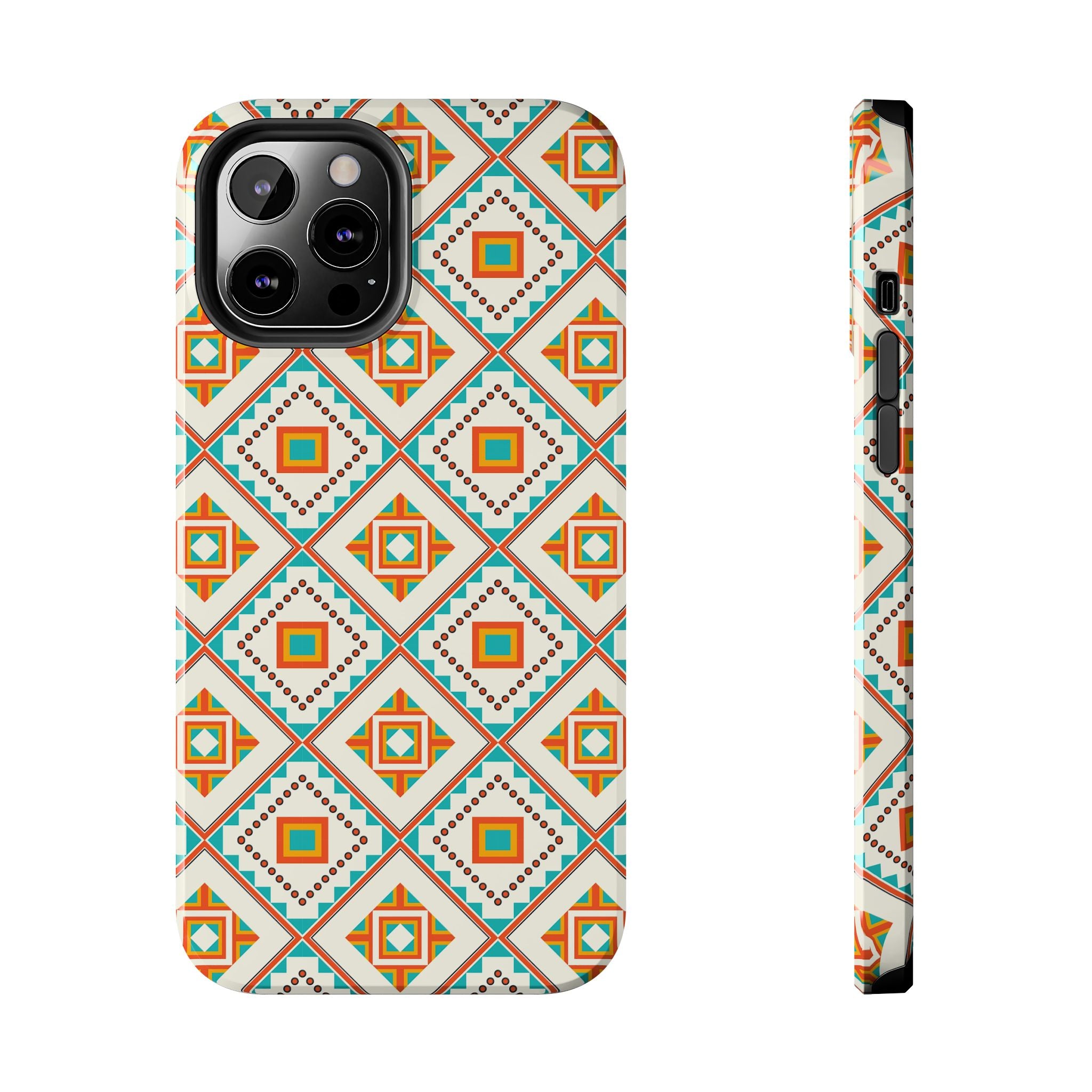 Tough Phone Case — Geometric Retro Tile Pattern, Orange & Teal Protective Cover