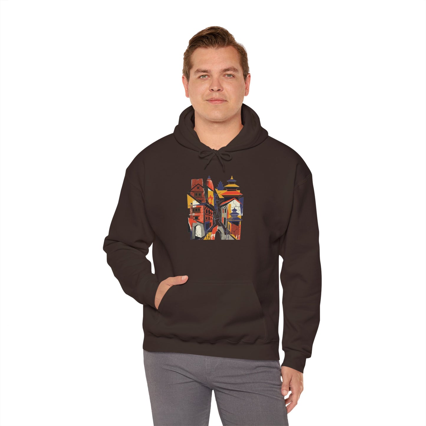 Cityscape Collage Hoodie — Colorful Urban Architecture Graphic Hoodie