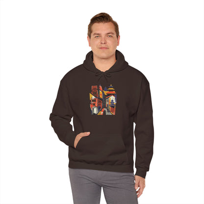 Cityscape Collage Hoodie — Colorful Urban Architecture Graphic Hoodie