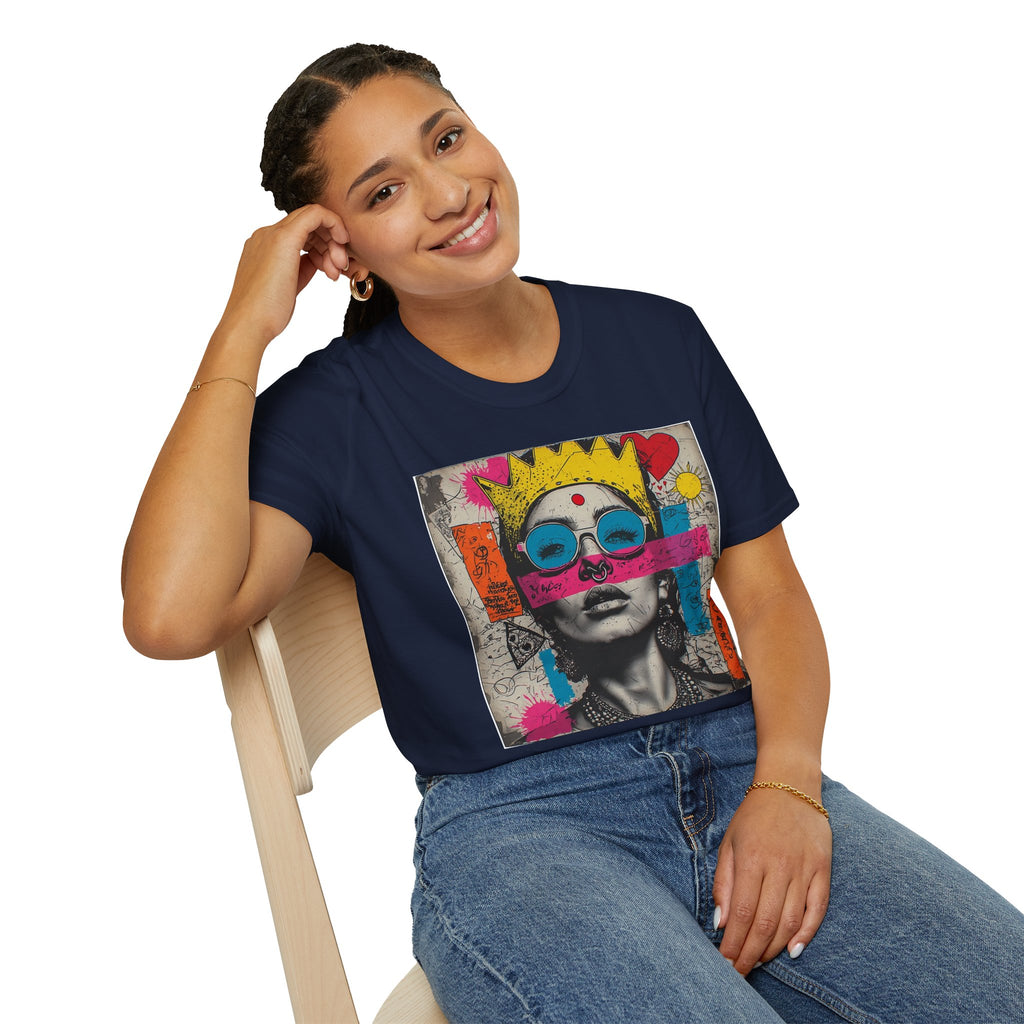 Abstract Pop Art Portrait T-Shirt — Neon Crown & Sunglasses Graphic