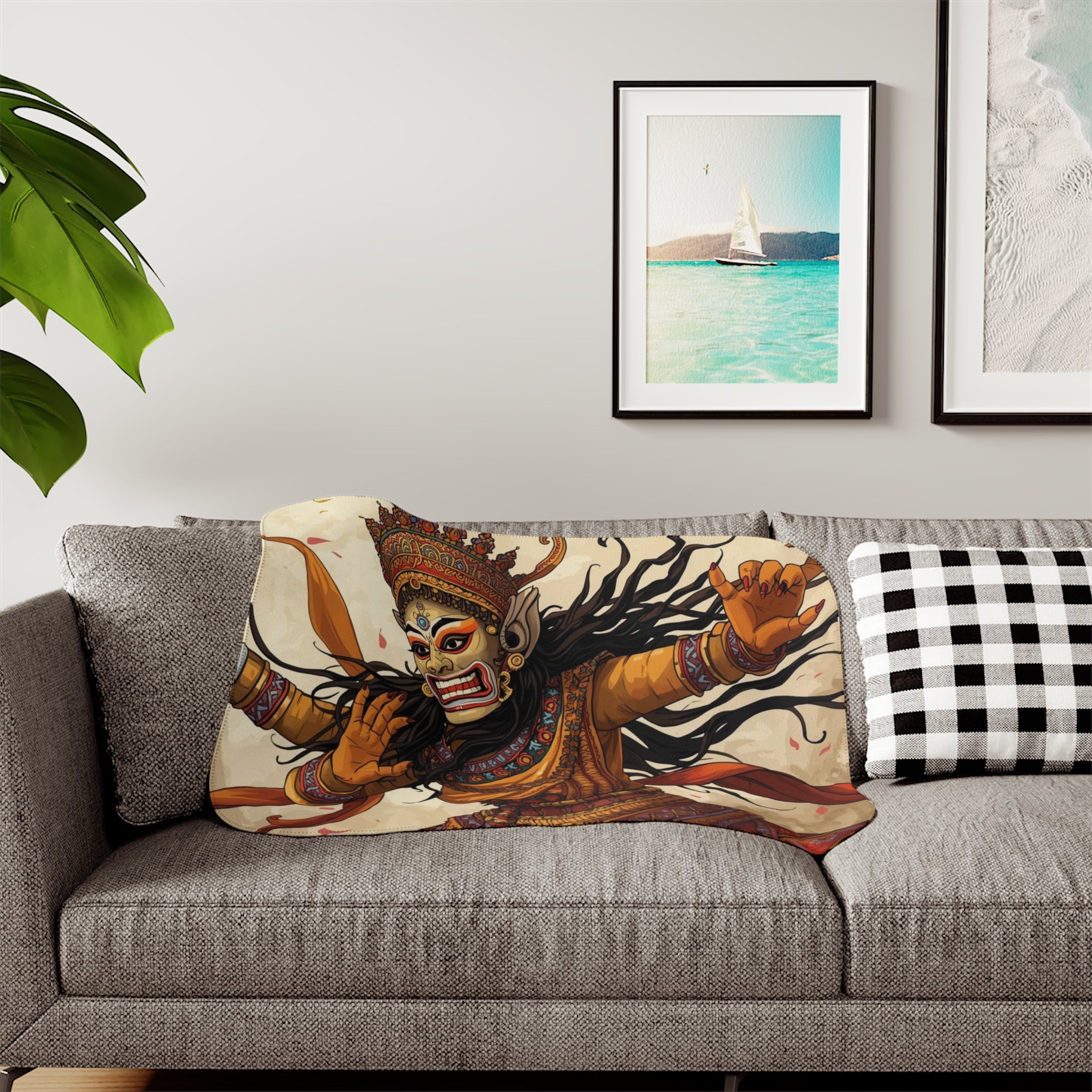 Mythic Dance Sherpa Blanket — Balinese Barong Art Throw