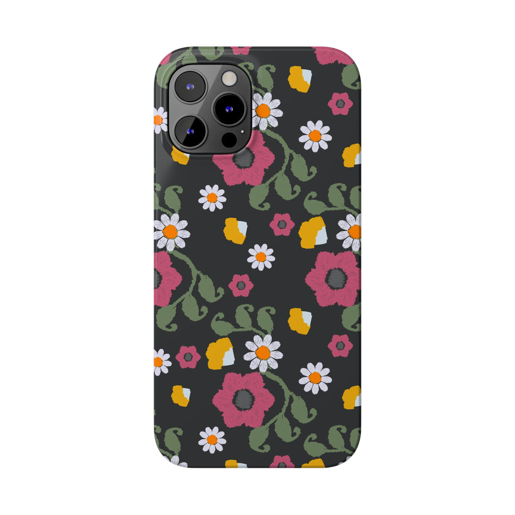 Floral Slim Phone Case, Black Flower Phone Cover, Stylish Phone Accessory, Gift for Her, Trendy Floral Case