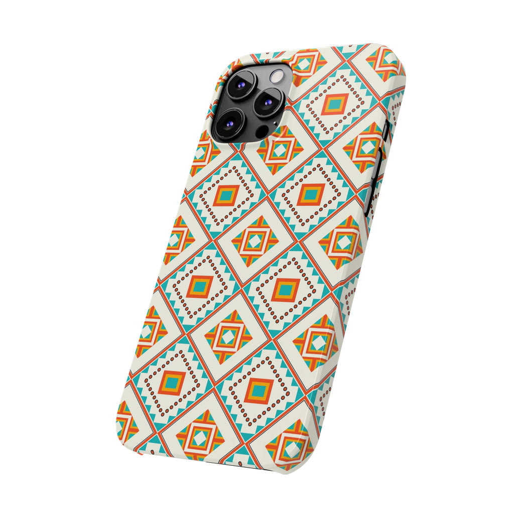 Slim Phone Case — Retro Geometric Tile Pattern (Turquoise & Orange)