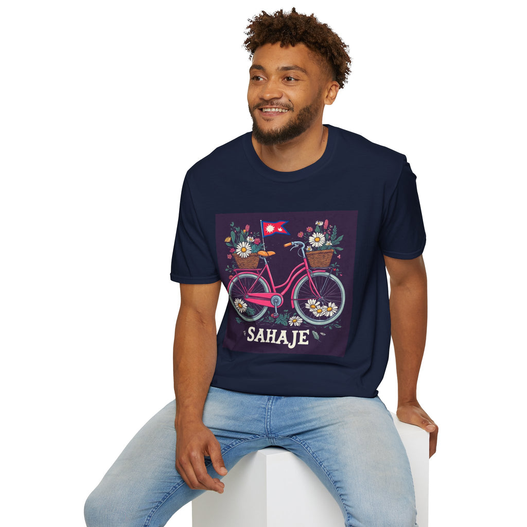 Bicycle Floral T-Shirt – Pink Bike with Baskets & "Sahaje" Text