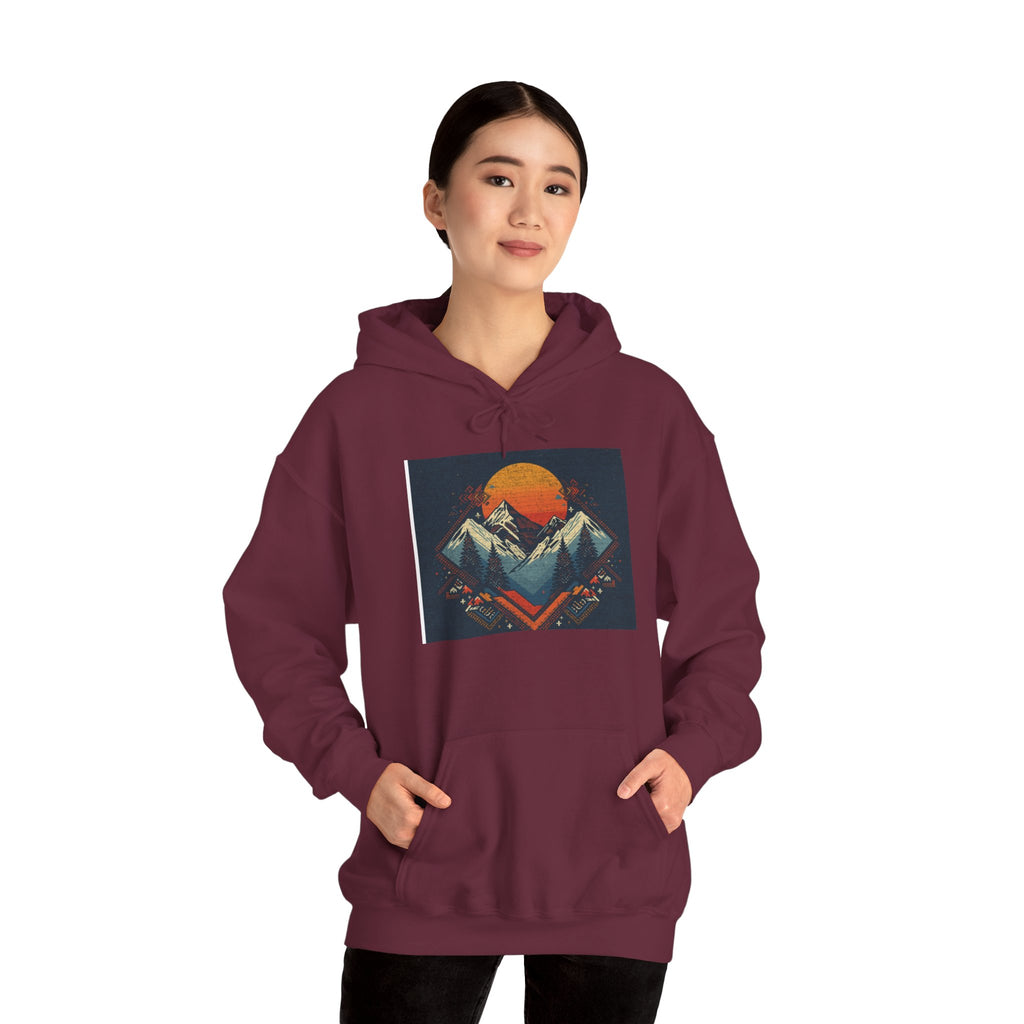 Mountain Sunset Hoodie – Retro Geometric Peaks & Rising Sun Sweatshirt