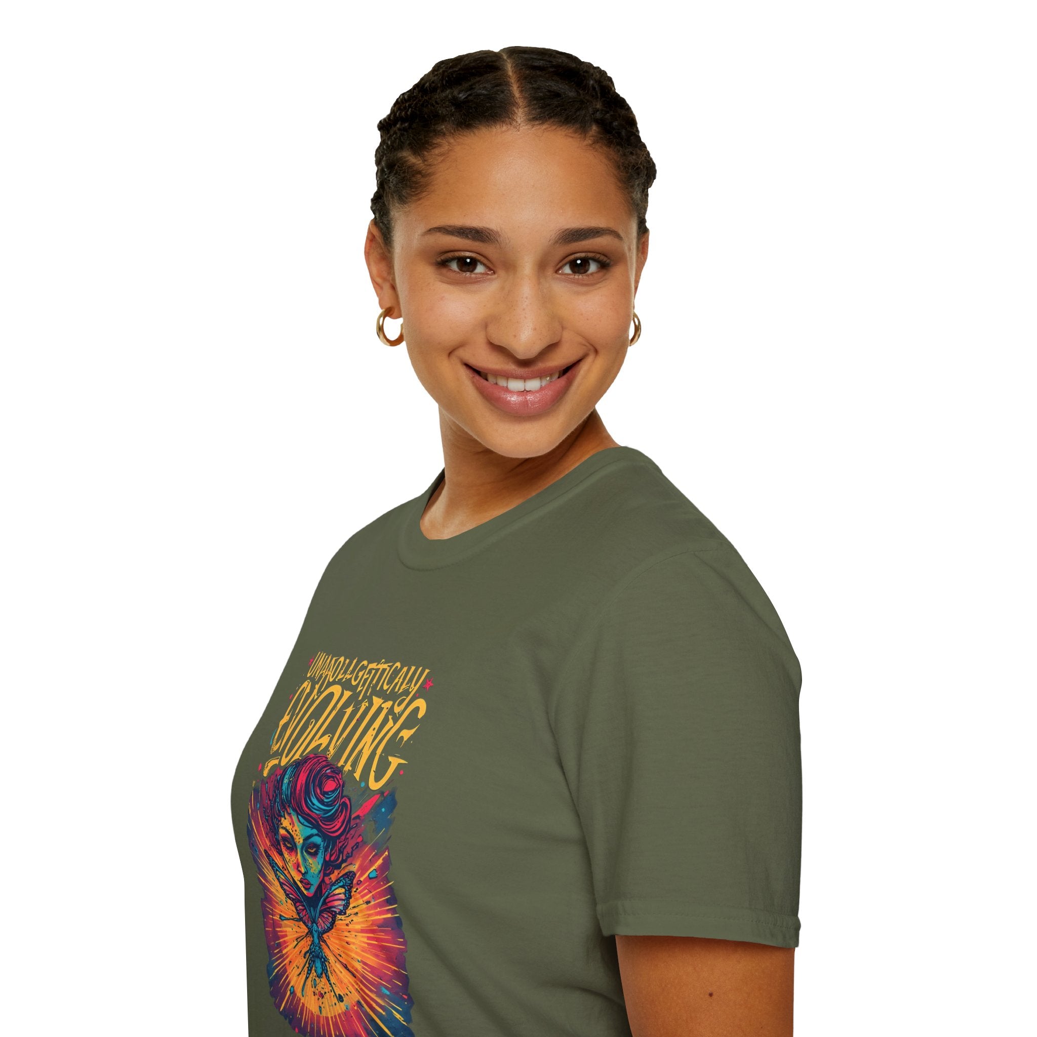 Unapologetically Evolving T-Shirt — Vibrant Butterfly Woman Graphic Tee