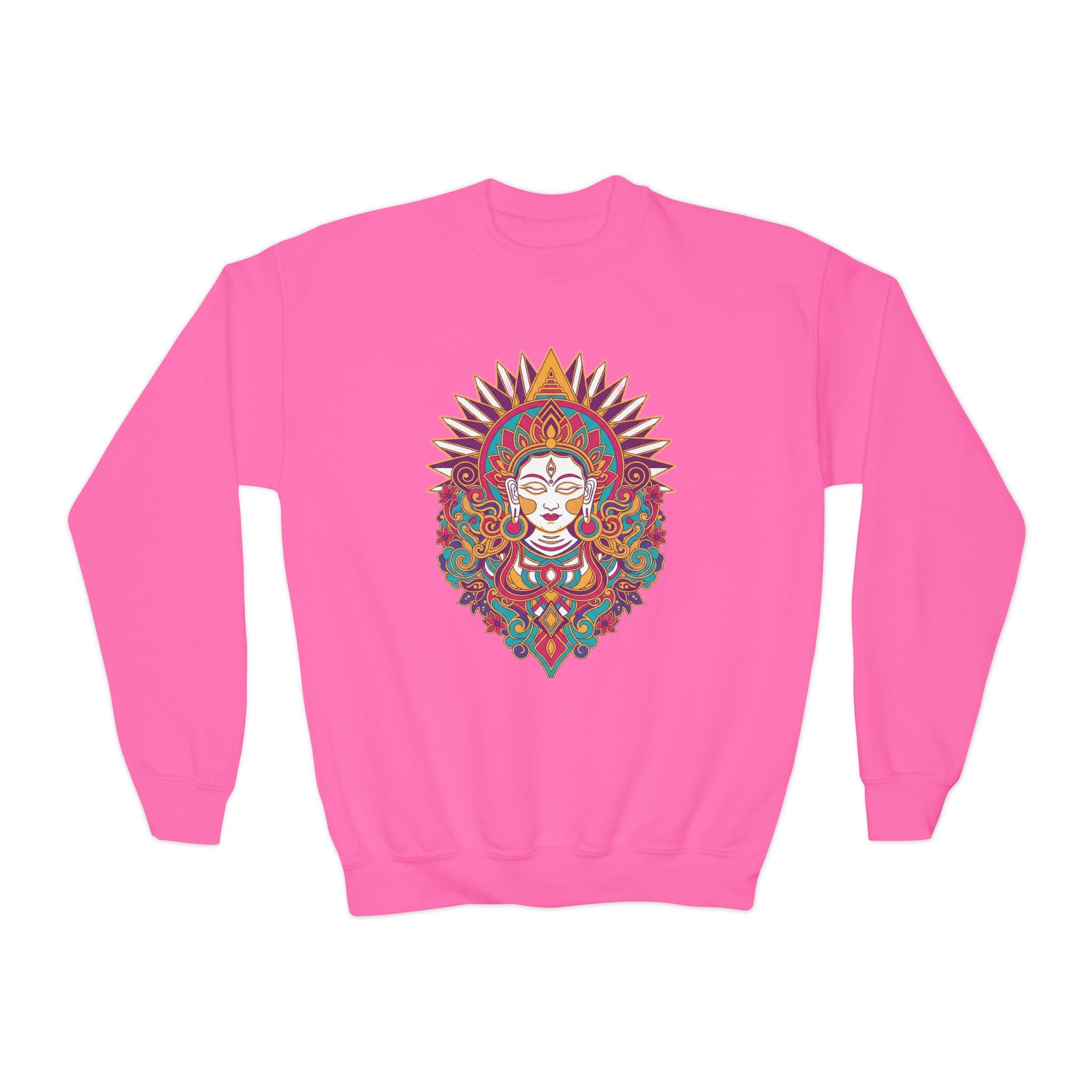 Youth Crewneck Sweatshirt — Colorful Boho Sun Goddess Graphic