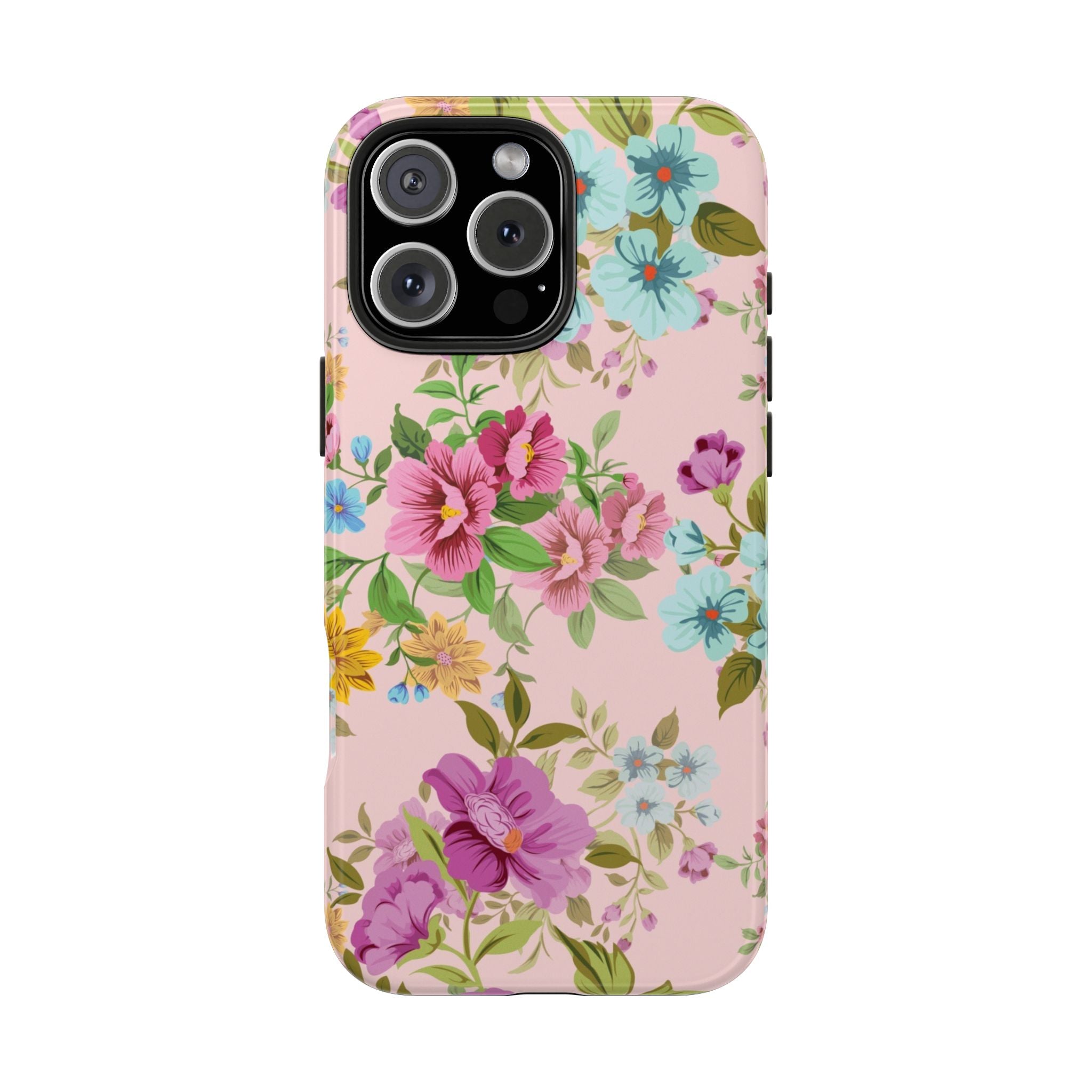 Floral Vintage Tough Phone Case — Pink Rose & Blue Blossom Protective Cover