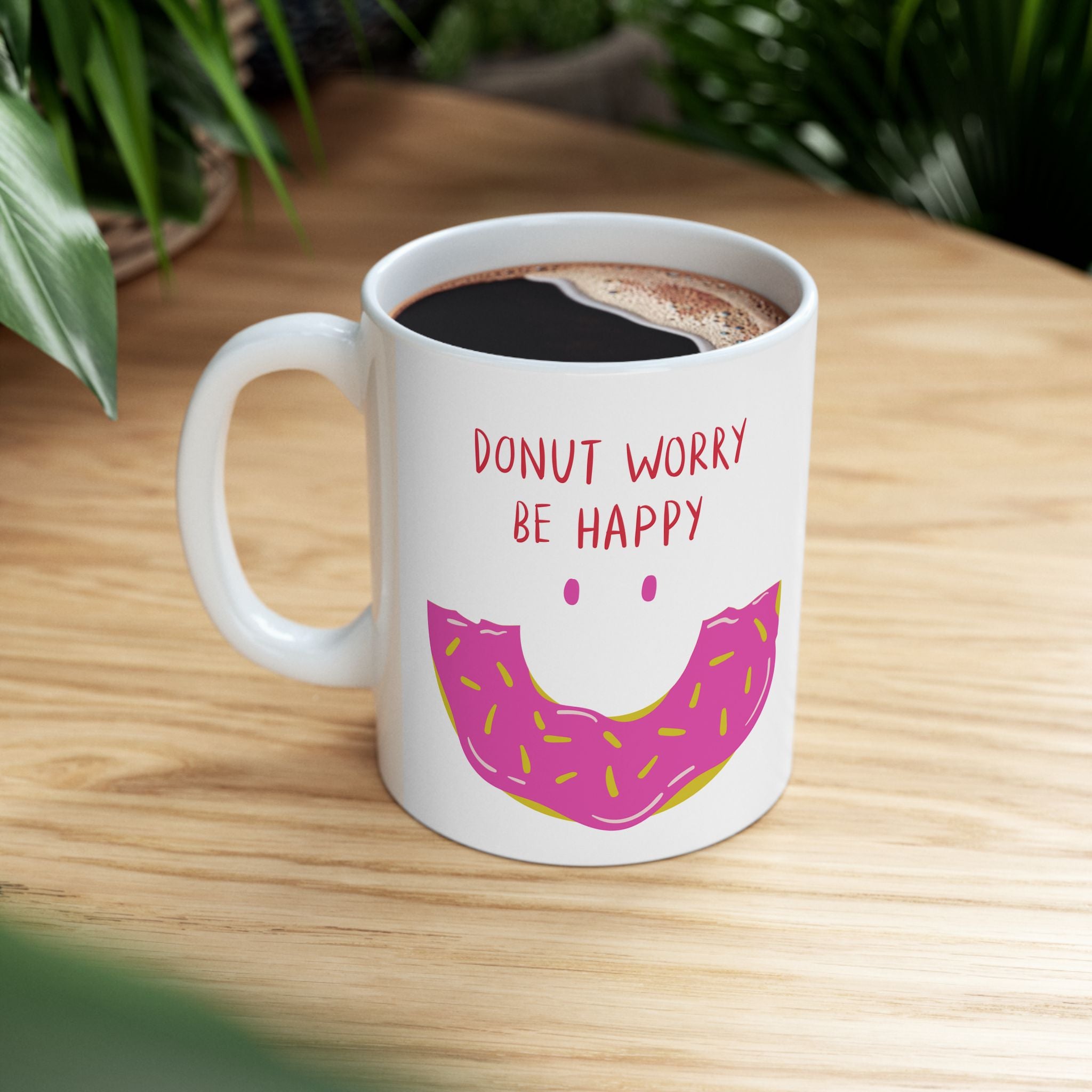 Happy Donut Ceramic Mug - Fun Coffee Cup for Foodies, Gift for Friends, Cute Kitchen Decor, Birthday Present, Donut Lover's Mug
