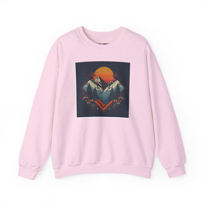 Mountain Sunset Crewneck Sweatshirt — Retro Geometric Peaks Graphic