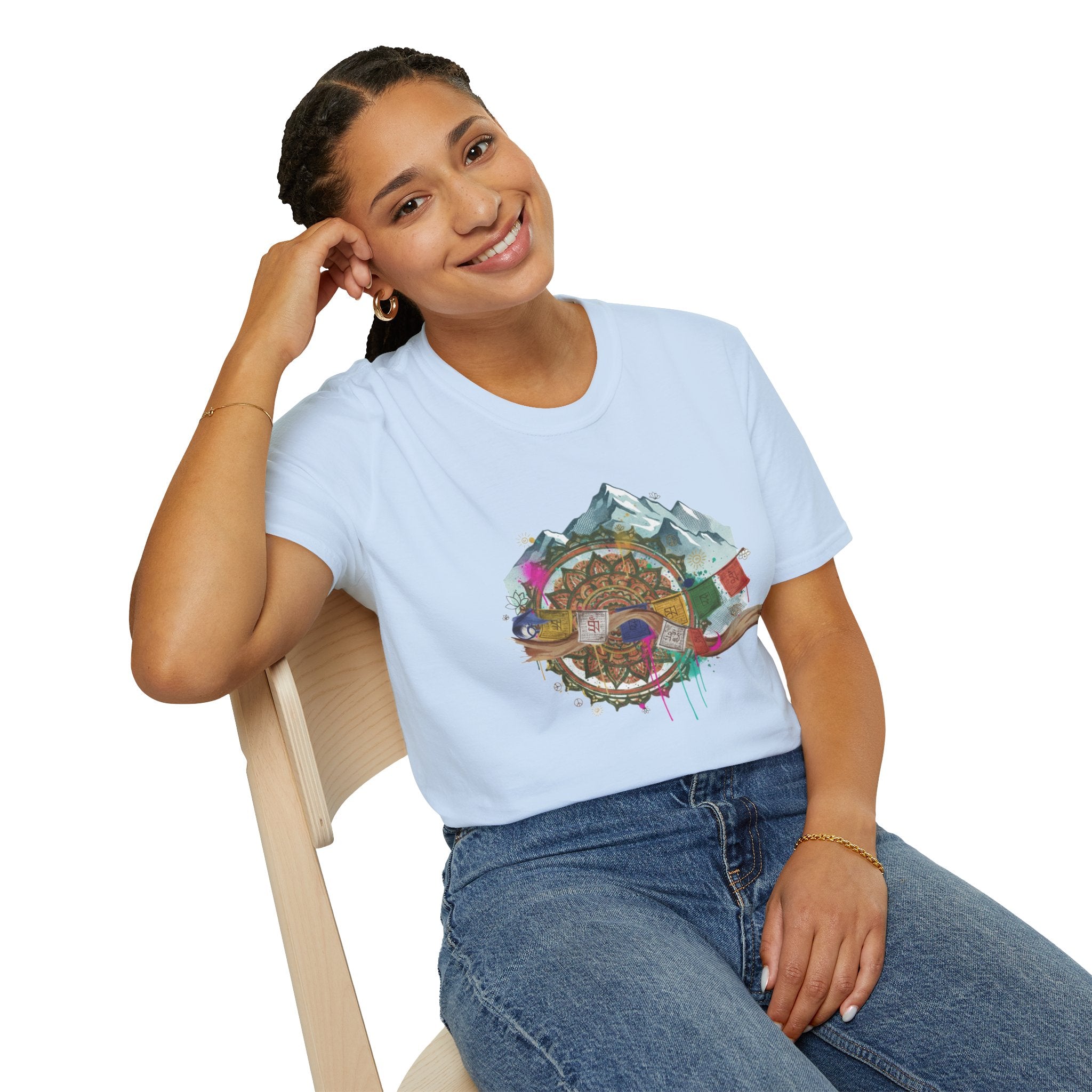 Adventure Compass T-Shirt — Mountain Compass with Prayer Flags & Colorful Globe