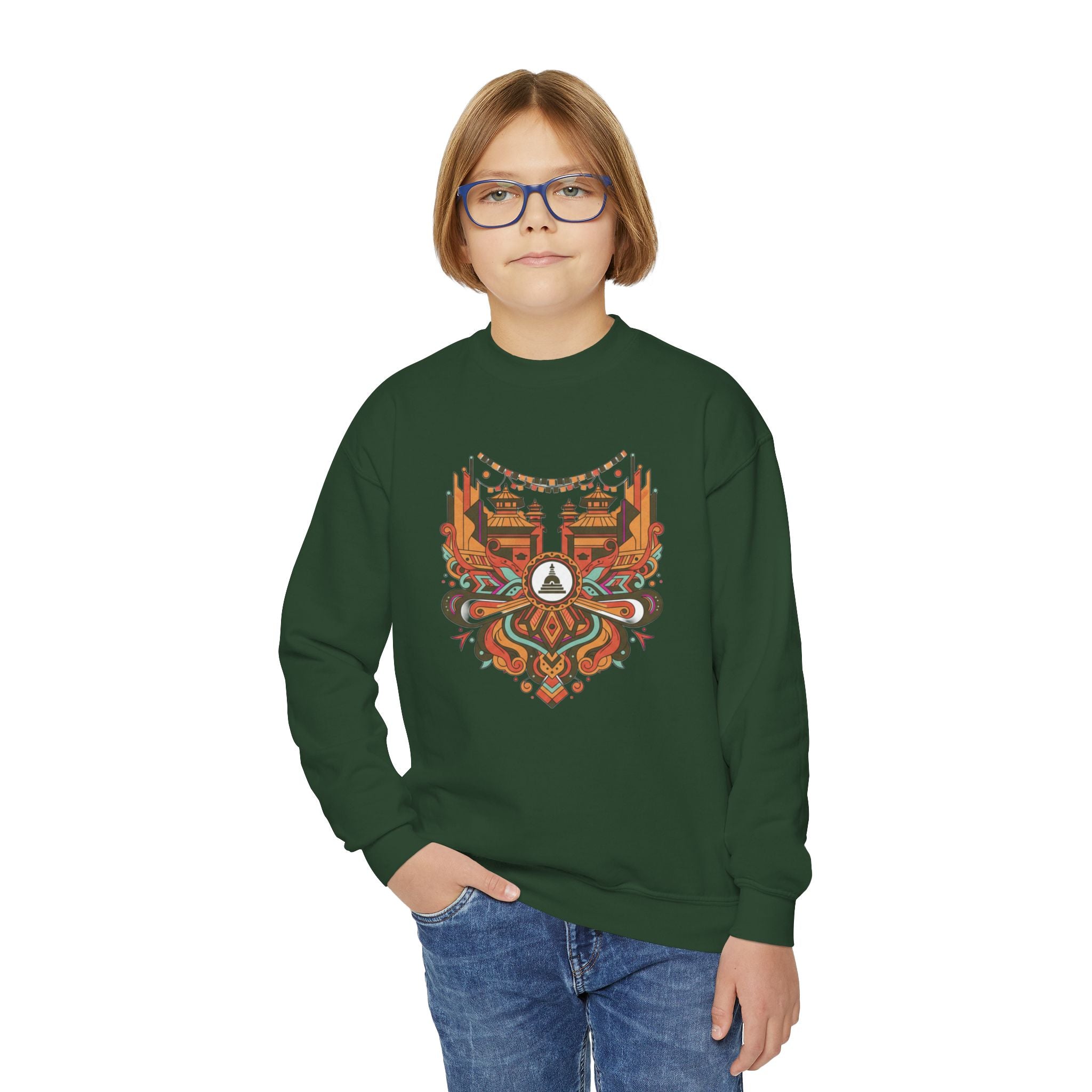 Youth Crewneck Sweatshirt — Retro Boho Fox Mask Graphic (Autumn Colors)